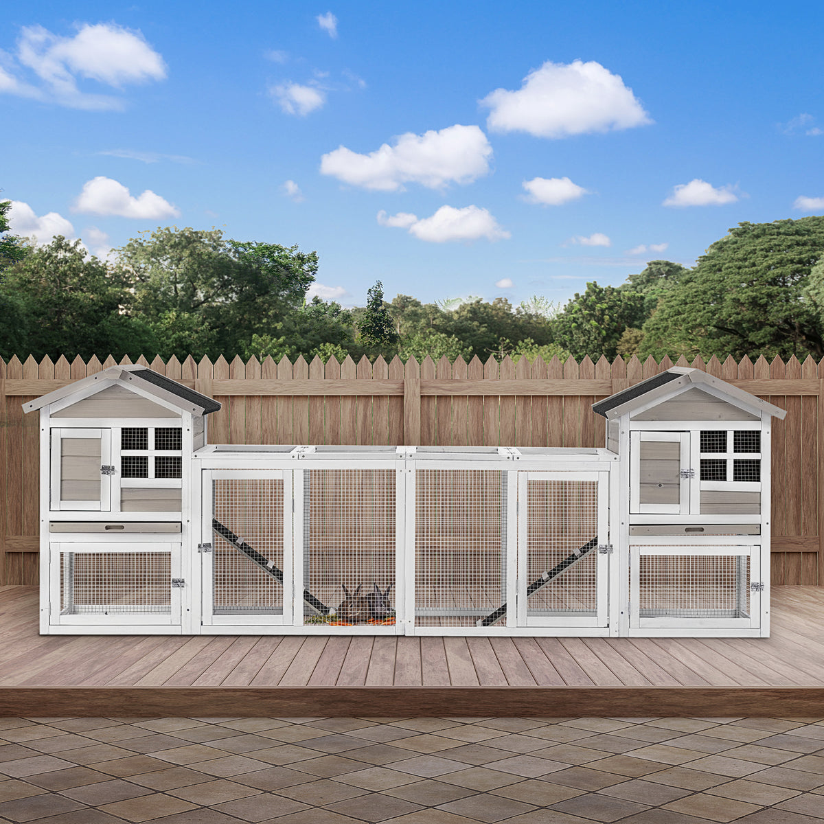 One Rabbit Hutch PawHut 2 in 1 Rabbit Hutch Double Main House with Run, No-Leak Tray ...