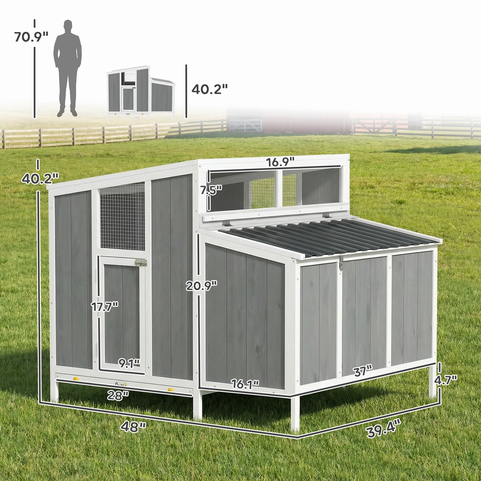 Chicken Coop, Wooden Chicken House for 4-6 Hens, Outdoor Hen House with Nesting Box, Pull-Out Tray and Weatherproof Roof, Poultry Hutch for Backyard, 48" x 39" x 40", Gray