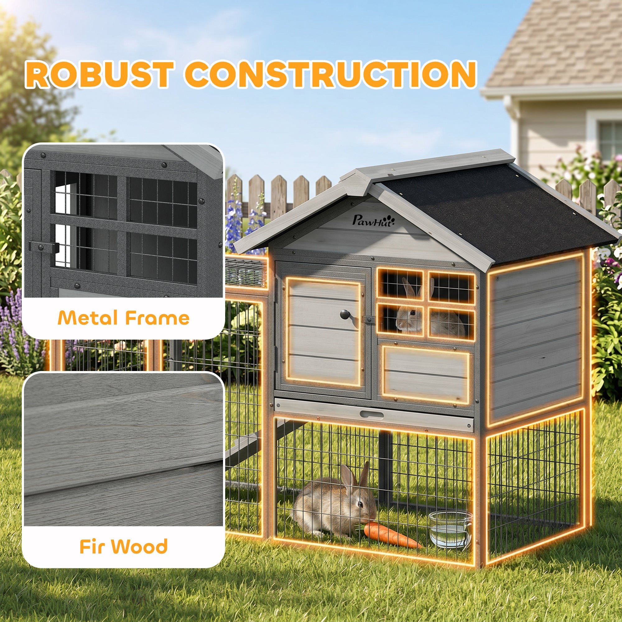 Rabbit Hutch Outdoor, 48"L Large Wooden Bunny Cage with Run, Robust Metal Frame, Removable Plastic Tray, Asphalt Roof, Ramp, Guinea Pig Cage for 1-2 Rabbits, Grey