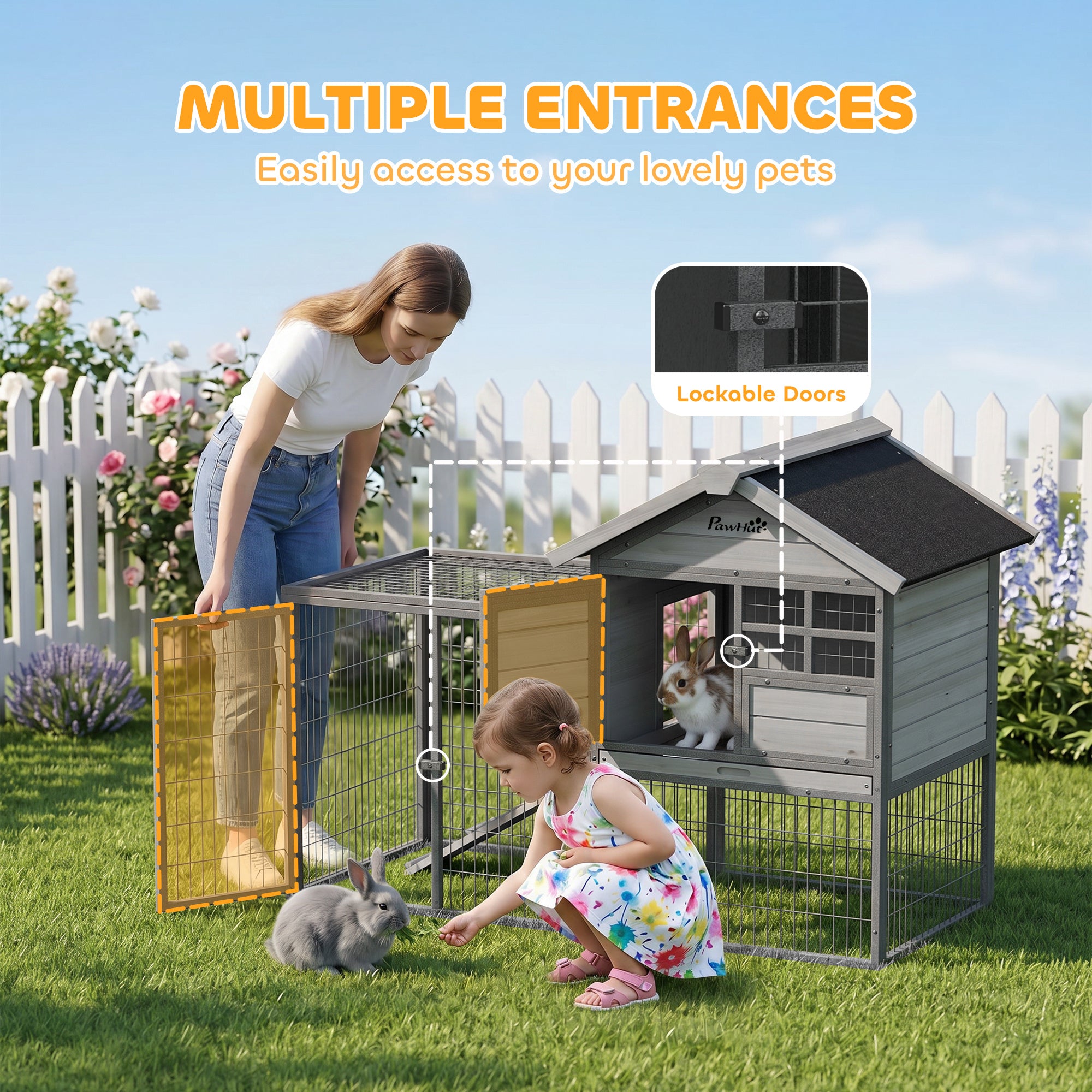 Rabbit Hutch Outdoor, 48"L Large Wooden Bunny Cage with Run, Robust Metal Frame, Removable Plastic Tray, Asphalt Roof, Ramp, Guinea Pig Cage for 1-2 Rabbits, Grey