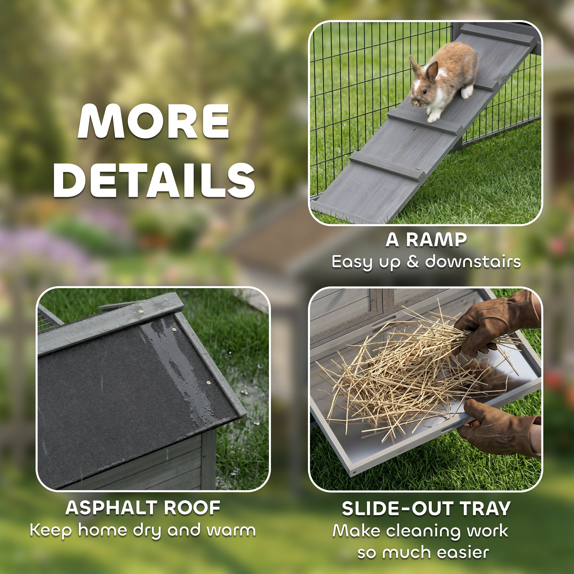 Rabbit Hutch Outdoor, 48"L Large Wooden Bunny Cage with Run, Robust Metal Frame, Removable Plastic Tray, Asphalt Roof, Ramp, Guinea Pig Cage for 1-2 Rabbits, Grey