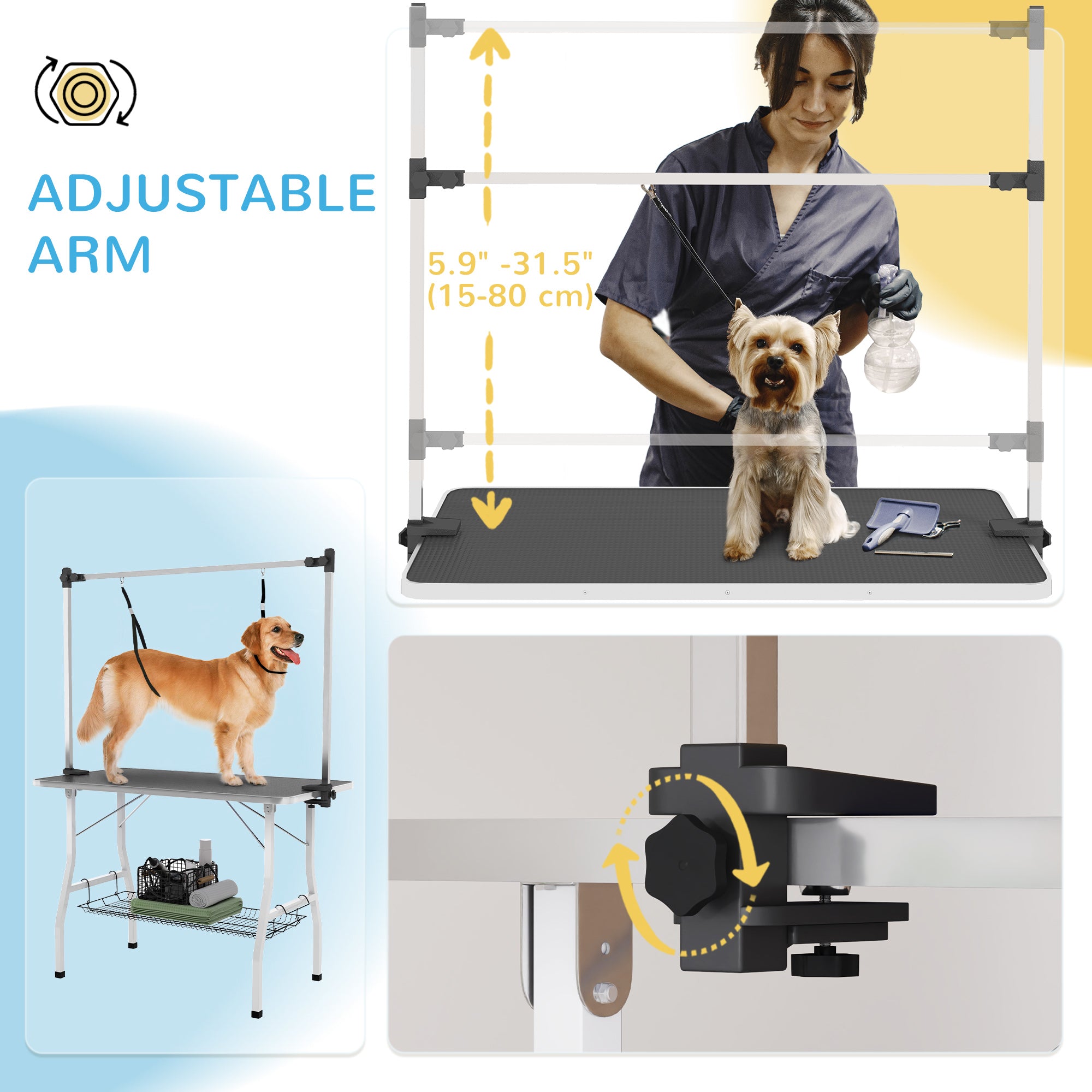 42in Foldable Dog Grooming Table, Pet Grooming Table with Adjustable Grooming Arms, Storage Shelf, Two Nooses, 42" x 24" x 61", Black