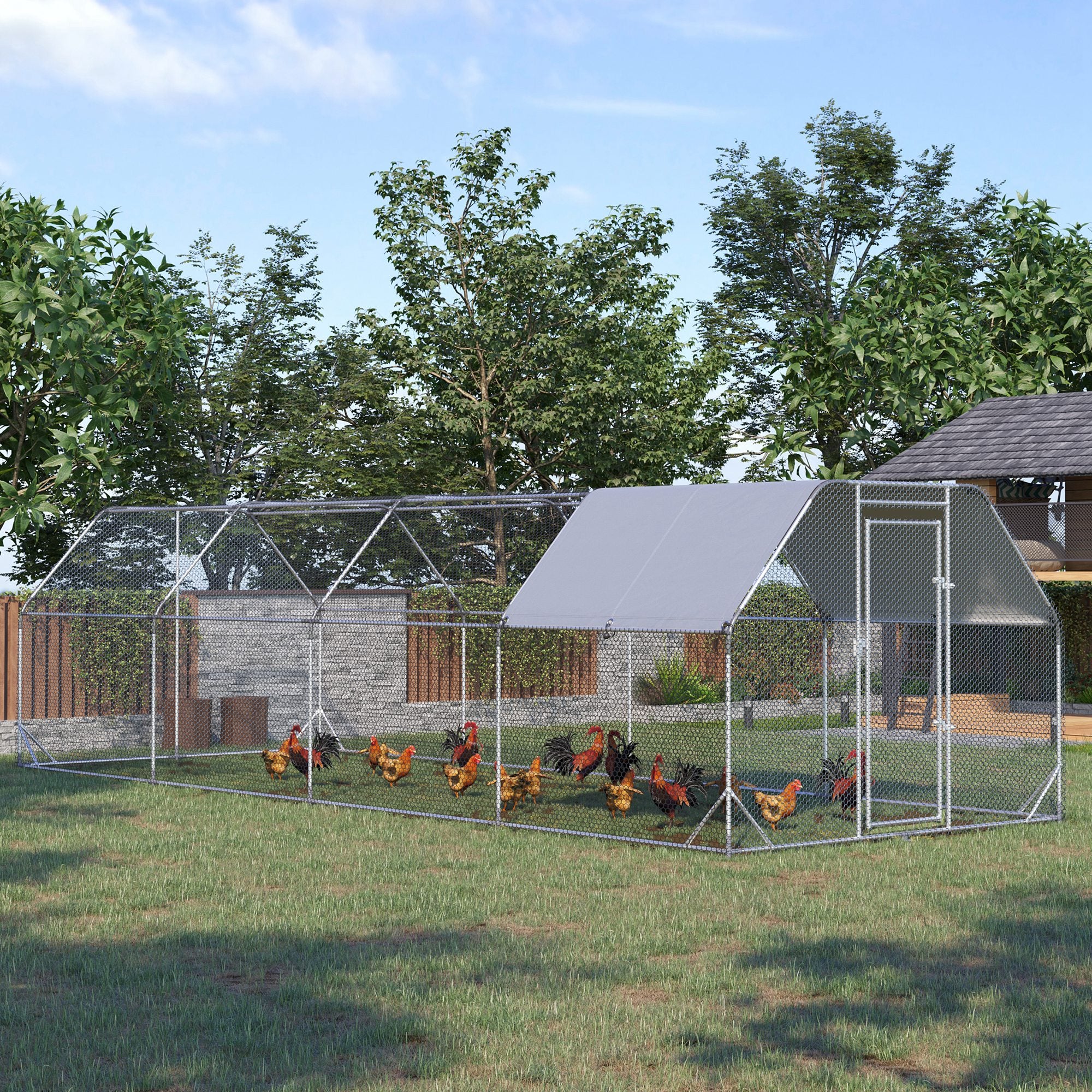 Large Chicken Coop Metal Chicken Run with Waterproof and Anti-UV Cover, Flat Shaped Walk in Fence Cage Hen House for Outdoor and Yard Farm Use, 1" Tube Diameter, 9.2' x 24.9' x 6.4'