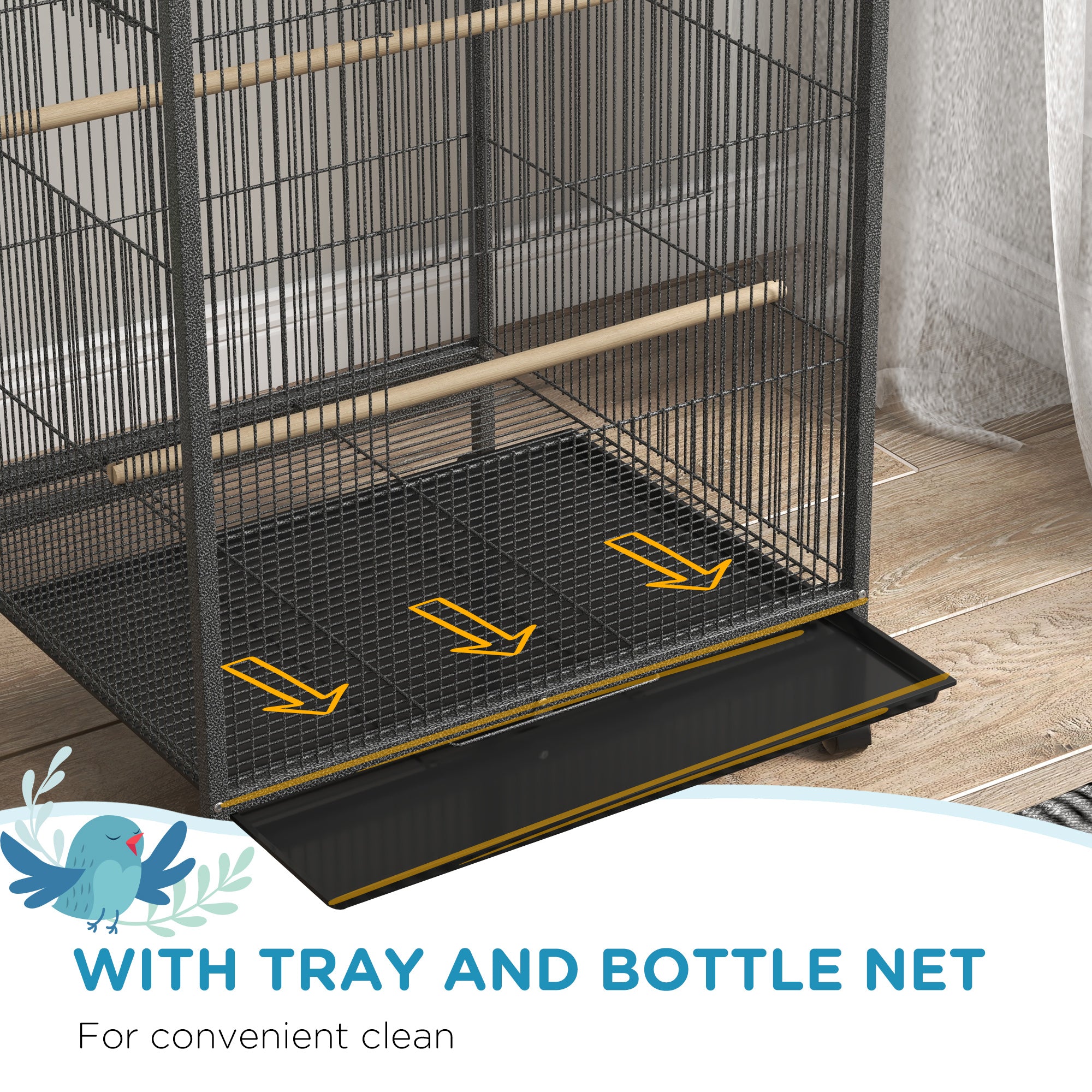 Bird Cage, Budgie Cage, Parrot Cage, with Rolling Stand, Stainless Steel Bowls, Swings, Removable Tray for Small Parrot, Budgie, Lovebird - Grey