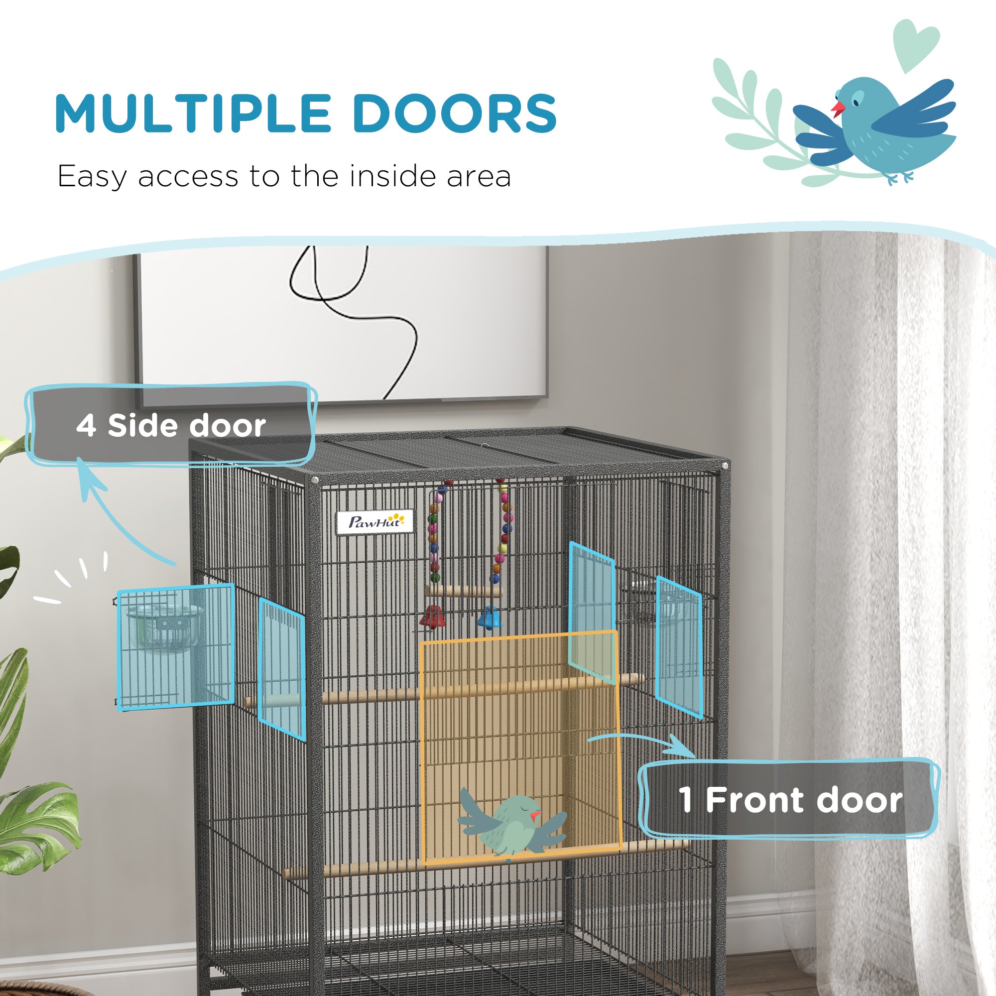 Bird Cage, Budgie Cage, Parrot Cage, with Rolling Stand, Stainless Steel Bowls, Swings, Removable Tray for Small Parrot, Budgie, Lovebird - Grey