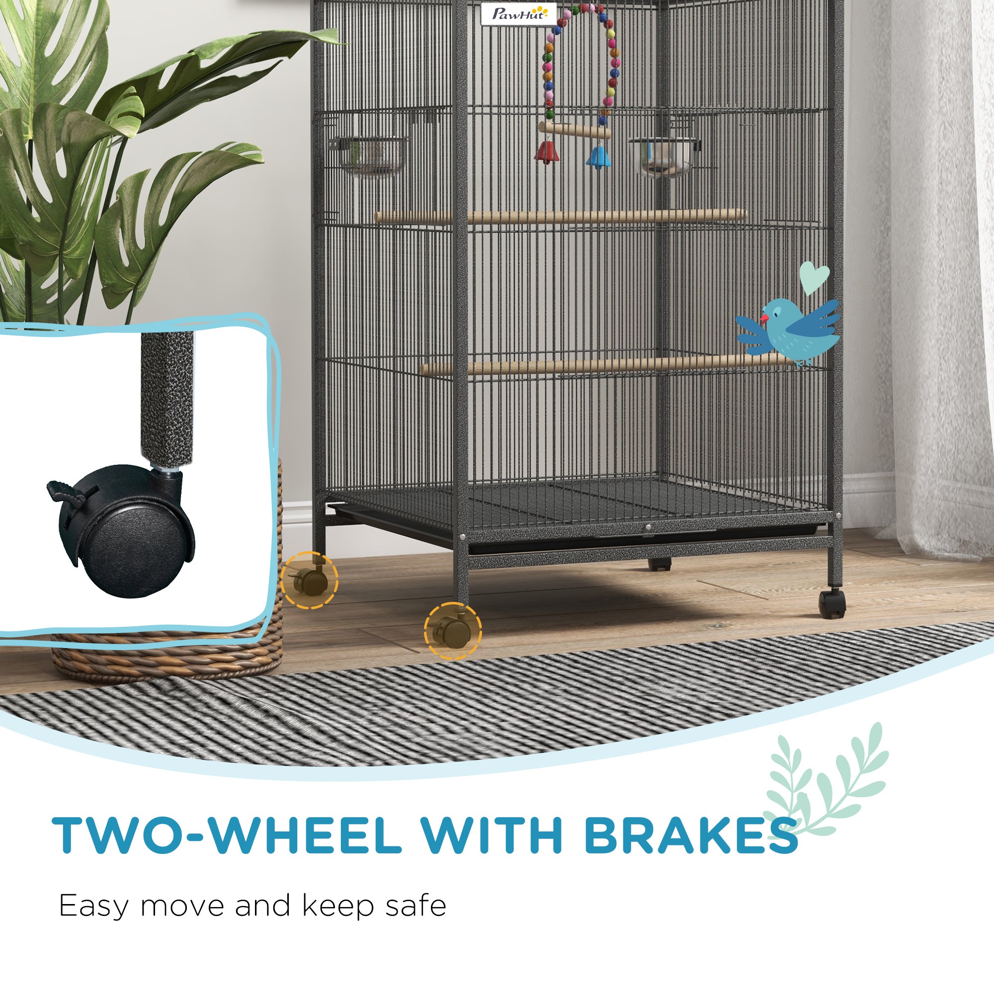 Bird Cage, Budgie Cage, Parrot Cage, with Rolling Stand, Stainless Steel Bowls, Swings, Removable Tray for Small Parrot, Budgie, Lovebird - Grey