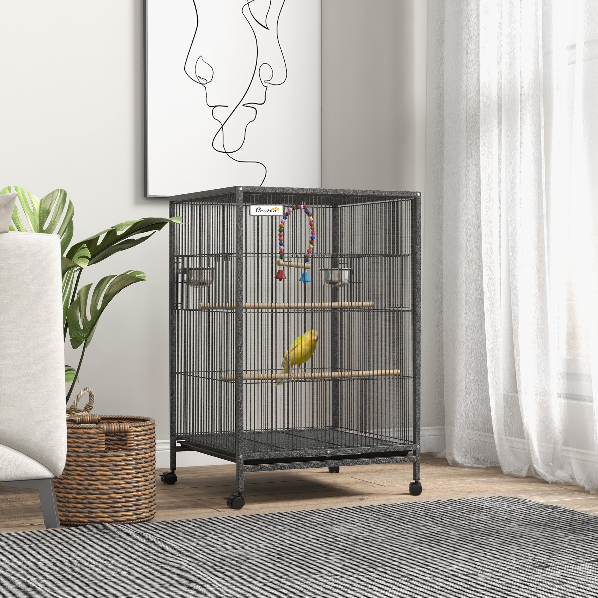 Bird Cage, Budgie Cage, Parrot Cage, with Rolling Stand, Stainless Steel Bowls, Swings, Removable Tray for Small Parrot, Budgie, Lovebird - Grey