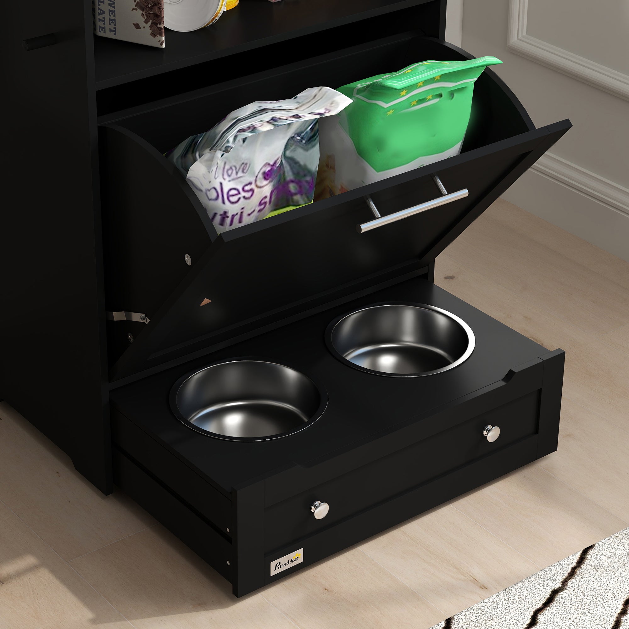 Cat Dog Feeding Station, Dog Food Storage Cabinet, Pet Feeder Container with Raised Bowls and Hanger for Feeding & Watering Supplies, Black
