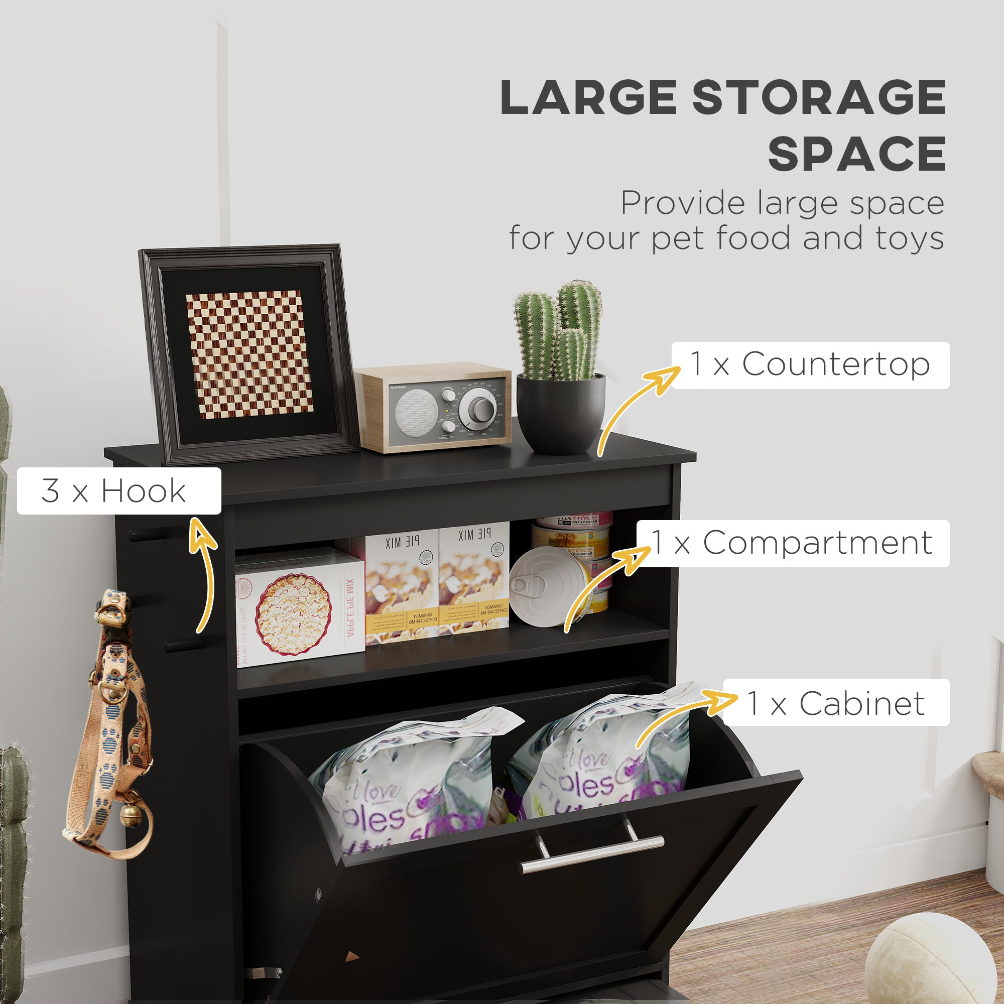 Cat Dog Feeding Station, Dog Food Storage Cabinet, Pet Feeder Container with Raised Bowls and Hanger for Feeding & Watering Supplies, Black