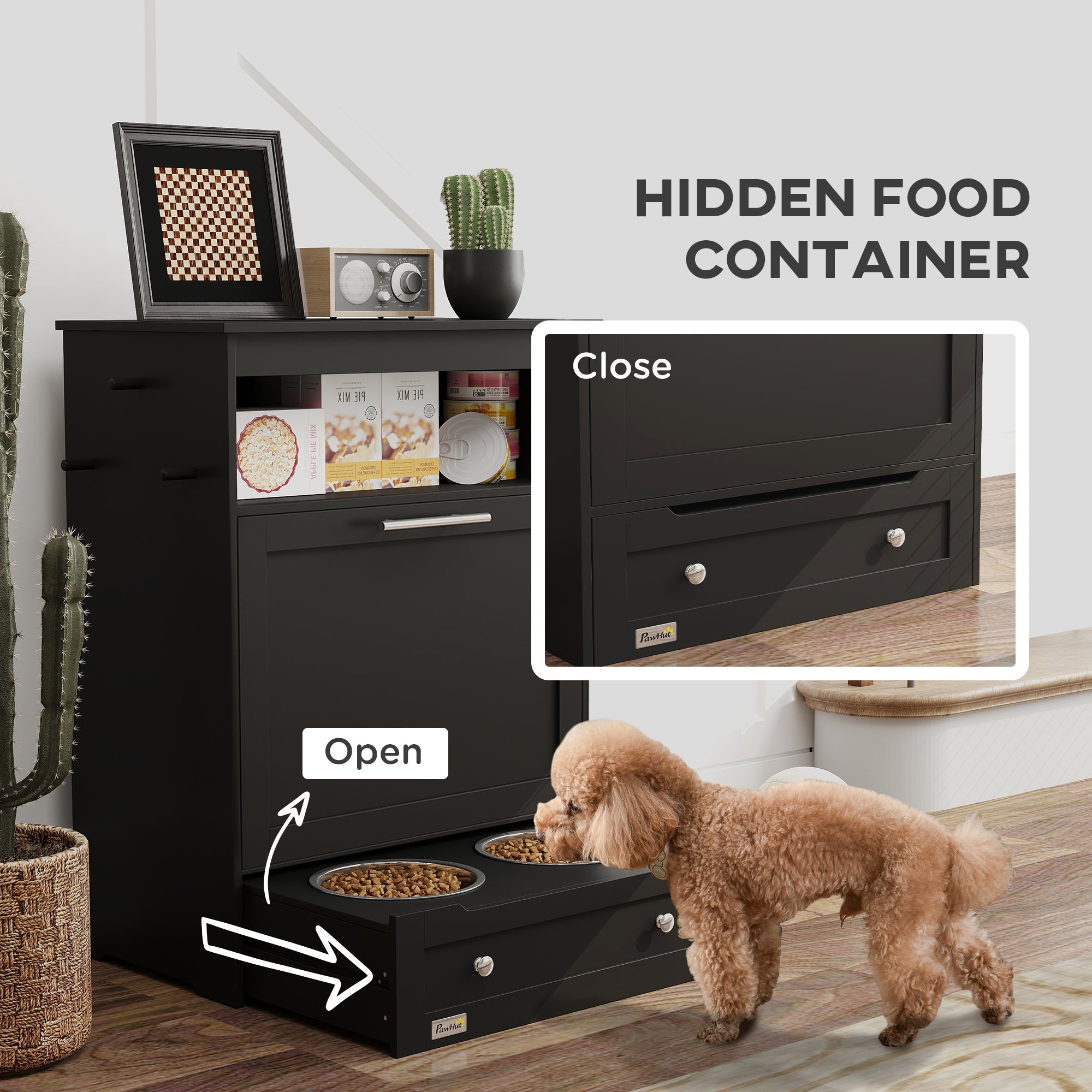 Cat Dog Feeding Station, Dog Food Storage Cabinet, Pet Feeder Container with Raised Bowls and Hanger for Feeding & Watering Supplies, Black