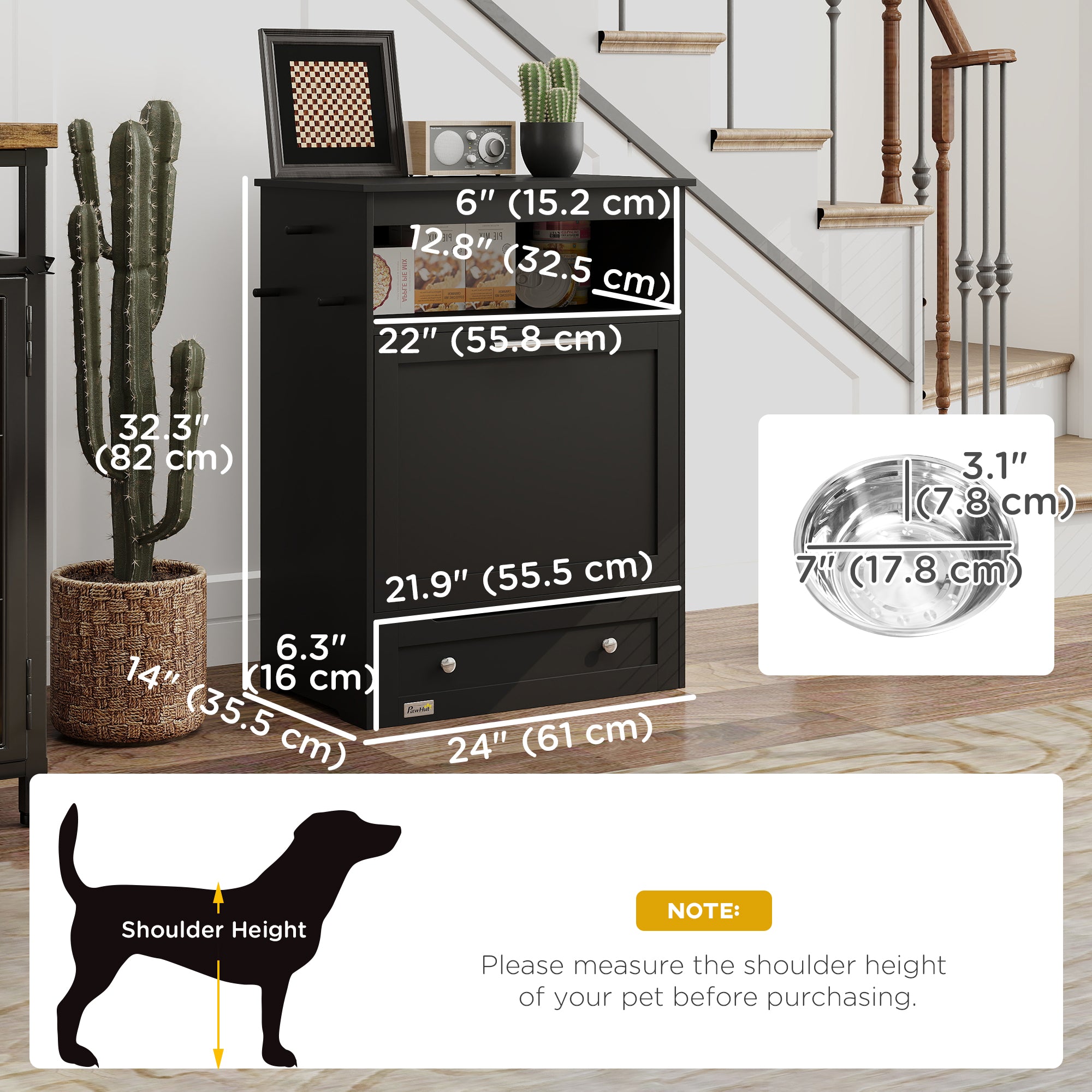 Cat Dog Feeding Station, Dog Food Storage Cabinet, Pet Feeder Container with Raised Bowls and Hanger for Feeding & Watering Supplies, Black