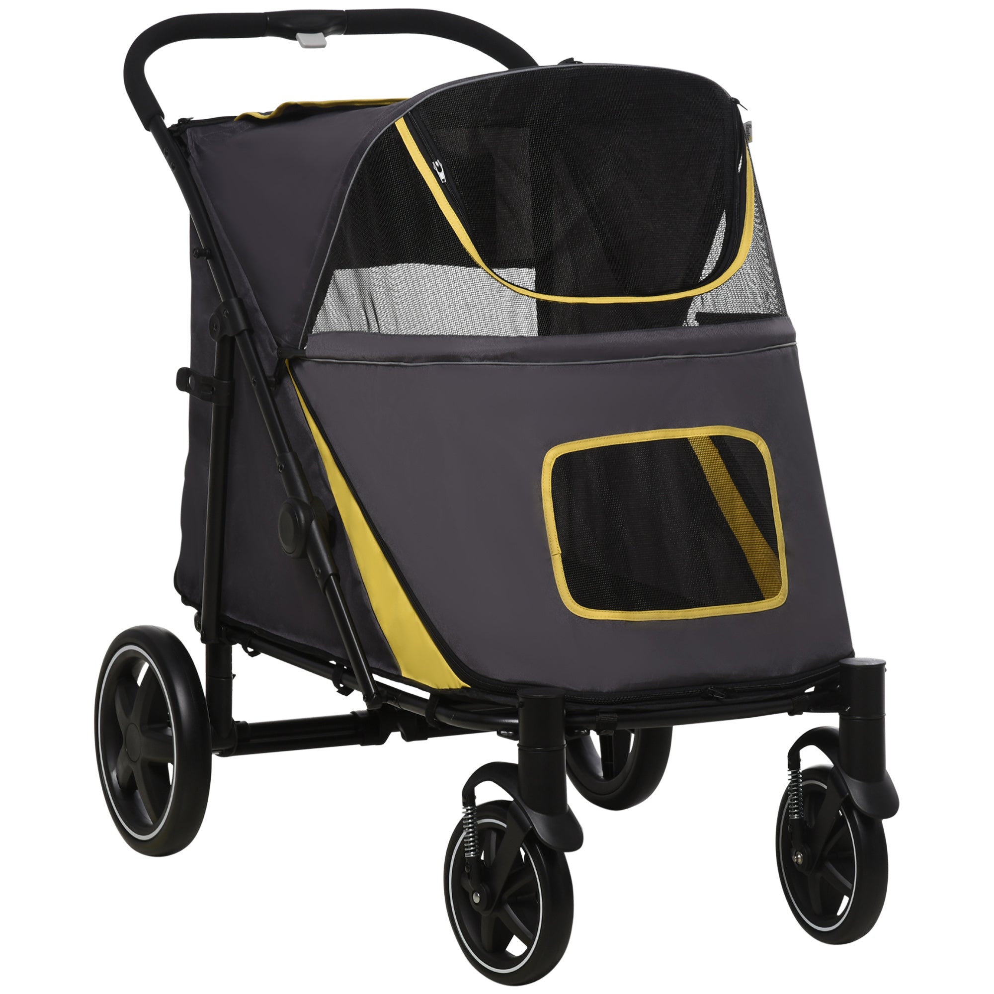 Pet Stroller with Universal Front Wheels, Shock Absorber, One-Click Foldable Dog Cat Carriage with Brakes, Storage Bags, Safety Leash for Large & Medium Dogs, Dark Grey