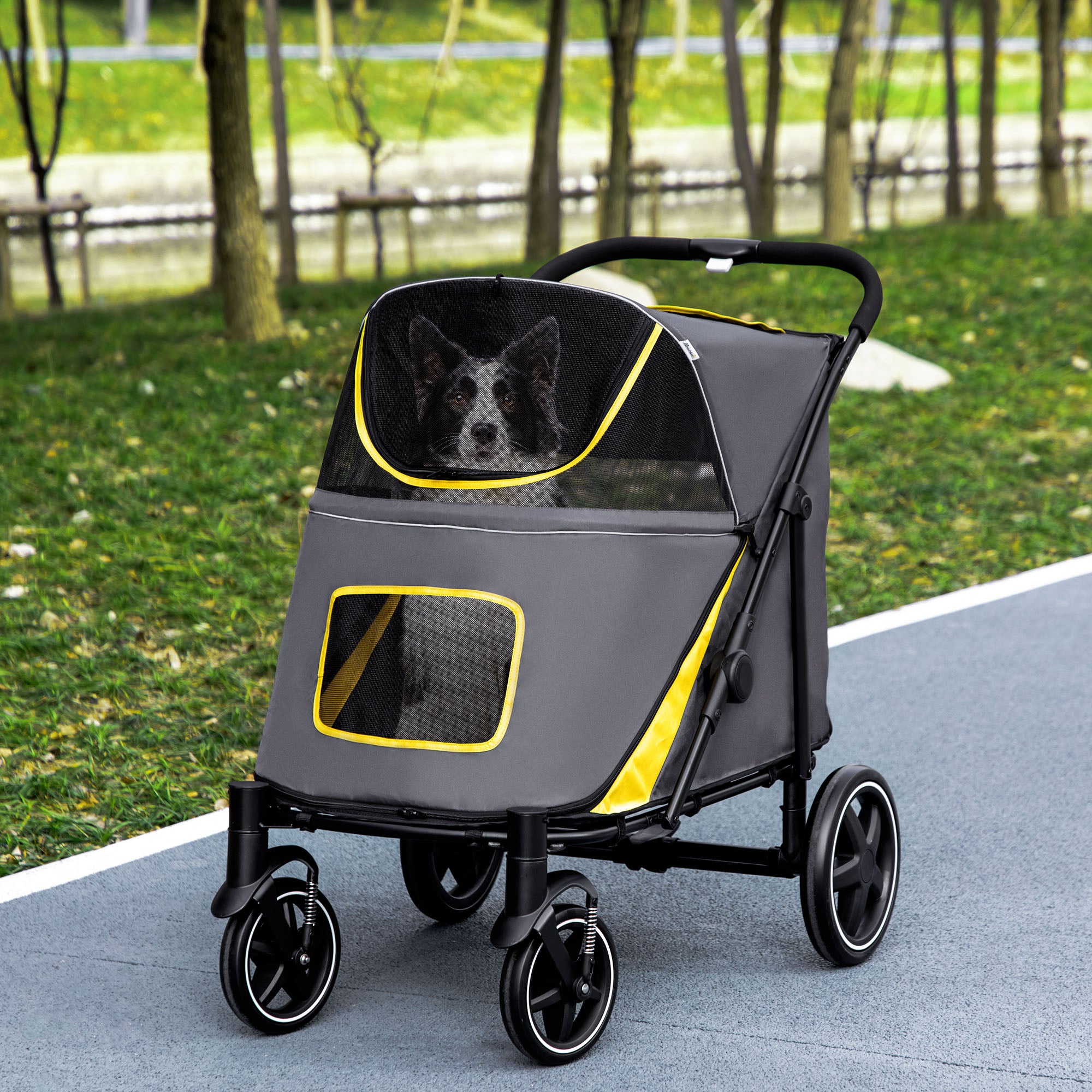Pet Stroller with Universal Front Wheels, Shock Absorber, One-Click Foldable Dog Cat Carriage with Brakes, Storage Bags, Safety Leash for Large & Medium Dogs, Dark Grey