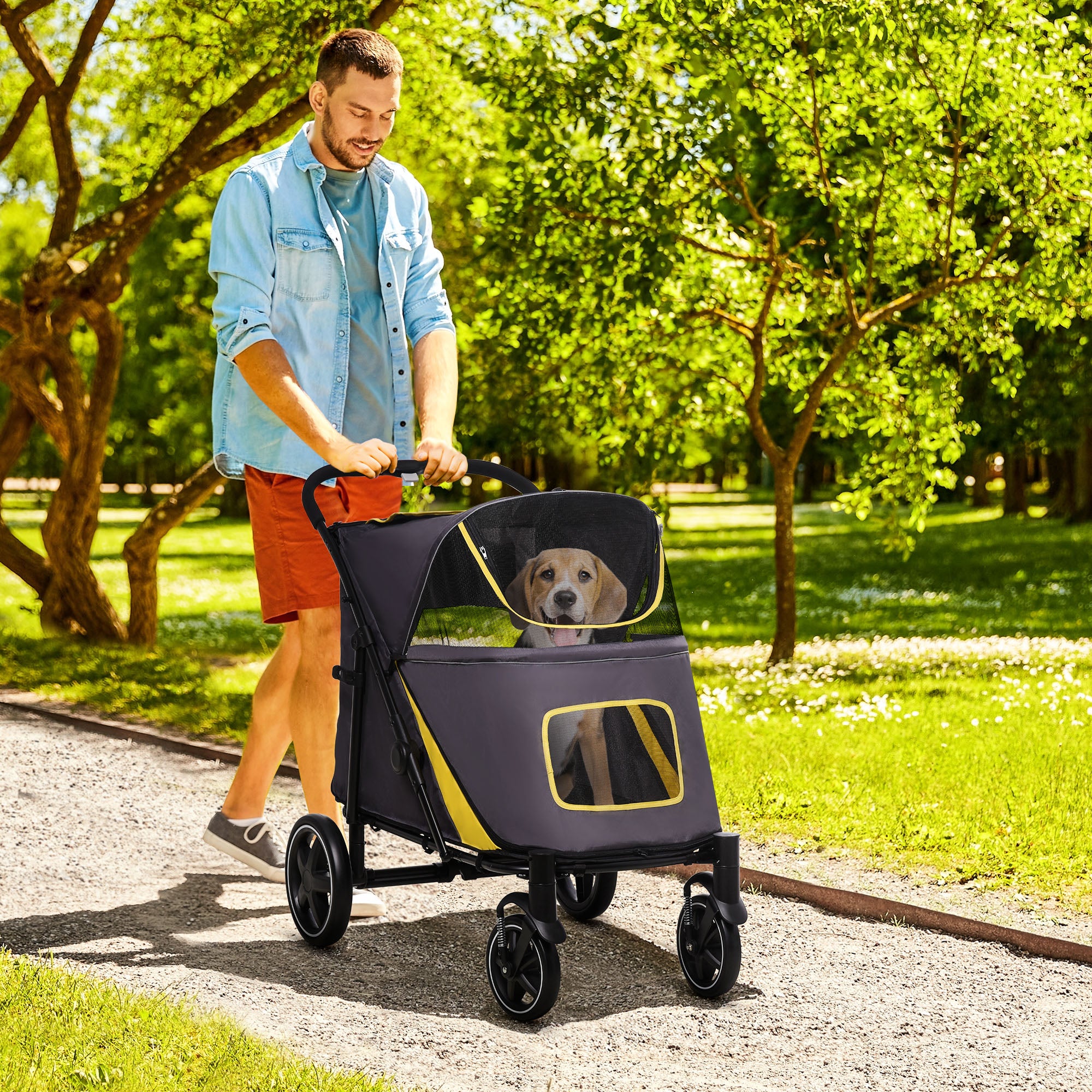 Pet Stroller with Universal Front Wheels, Shock Absorber, One-Click Foldable Dog Cat Carriage with Brakes, Storage Bags, Safety Leash for Large & Medium Dogs, Dark Grey