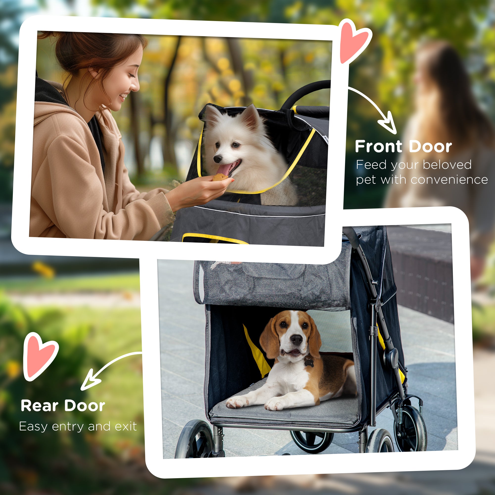 Pet Stroller with Universal Front Wheels, Shock Absorber, One-Click Foldable Dog Cat Carriage with Brakes, Storage Bags, Safety Leash for Large & Medium Dogs, Dark Grey
