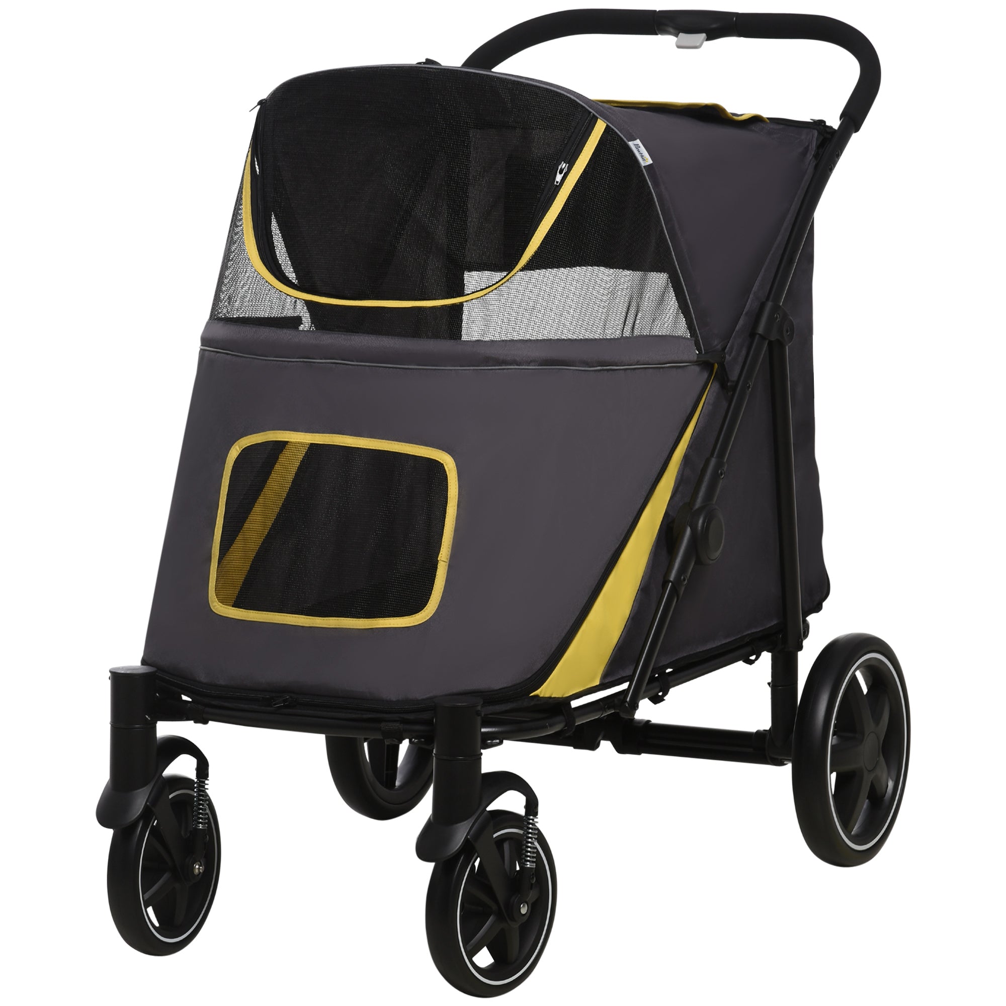 Pet Stroller with Universal Front Wheels, Shock Absorber, One-Click Foldable Dog Cat Carriage with Brakes, Storage Bags, Safety Leash for Large & Medium Dogs, Dark Grey