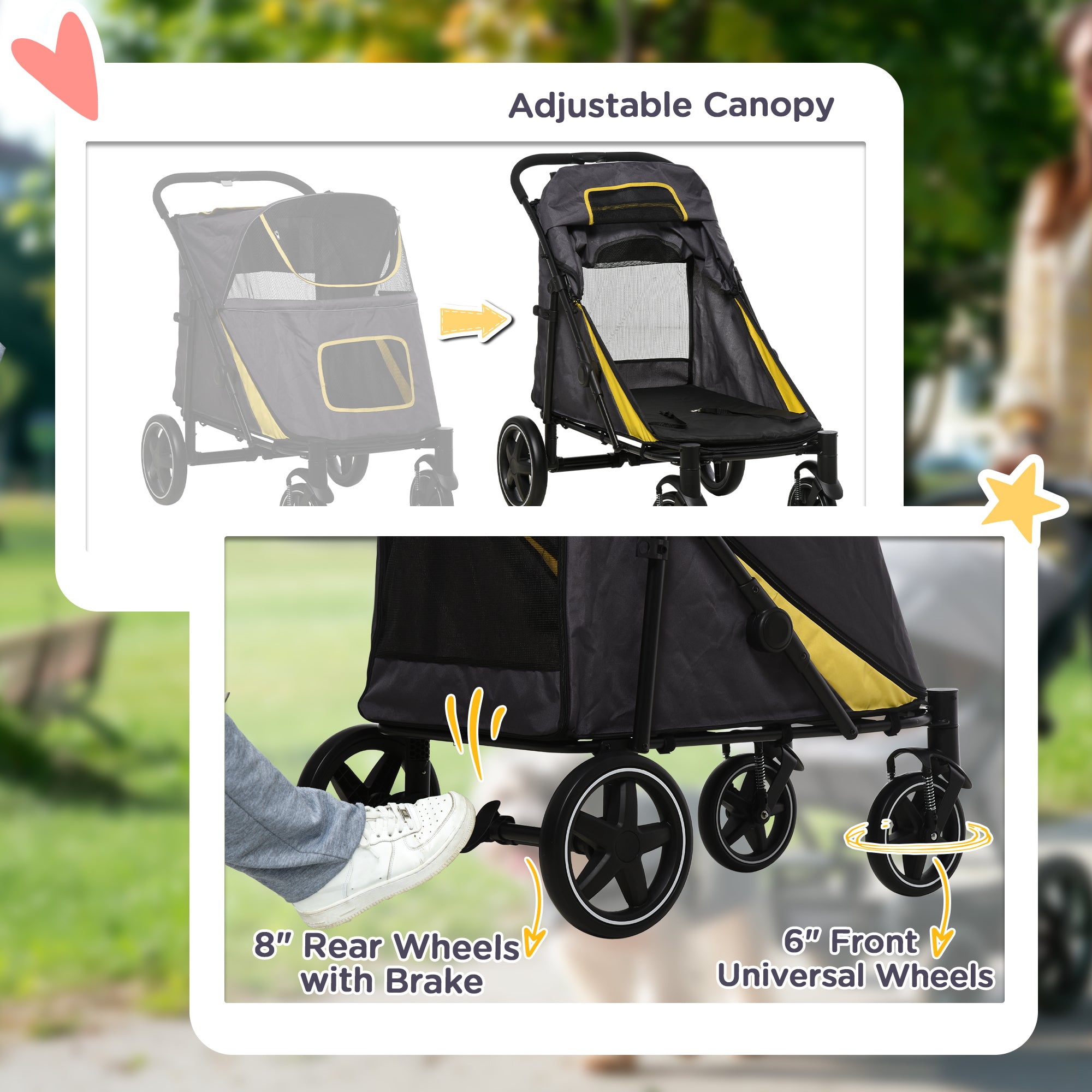 Pet Stroller with Universal Front Wheels, Shock Absorber, One-Click Foldable Dog Cat Carriage with Brakes, Storage Bags, Safety Leash for Large & Medium Dogs, Dark Grey