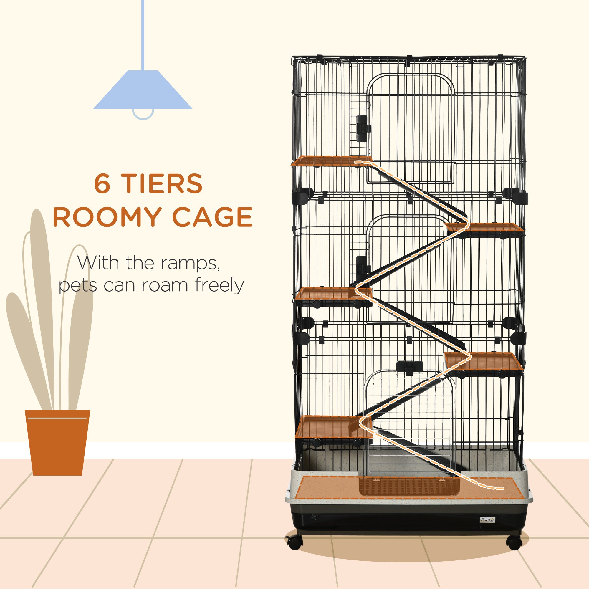 63"H 6-Level Small Animal Cage Rabbit Hutch with Universal Lockable Wheels, Slide-Out Tray for Bunny, Chinchillas, Ferret, Black