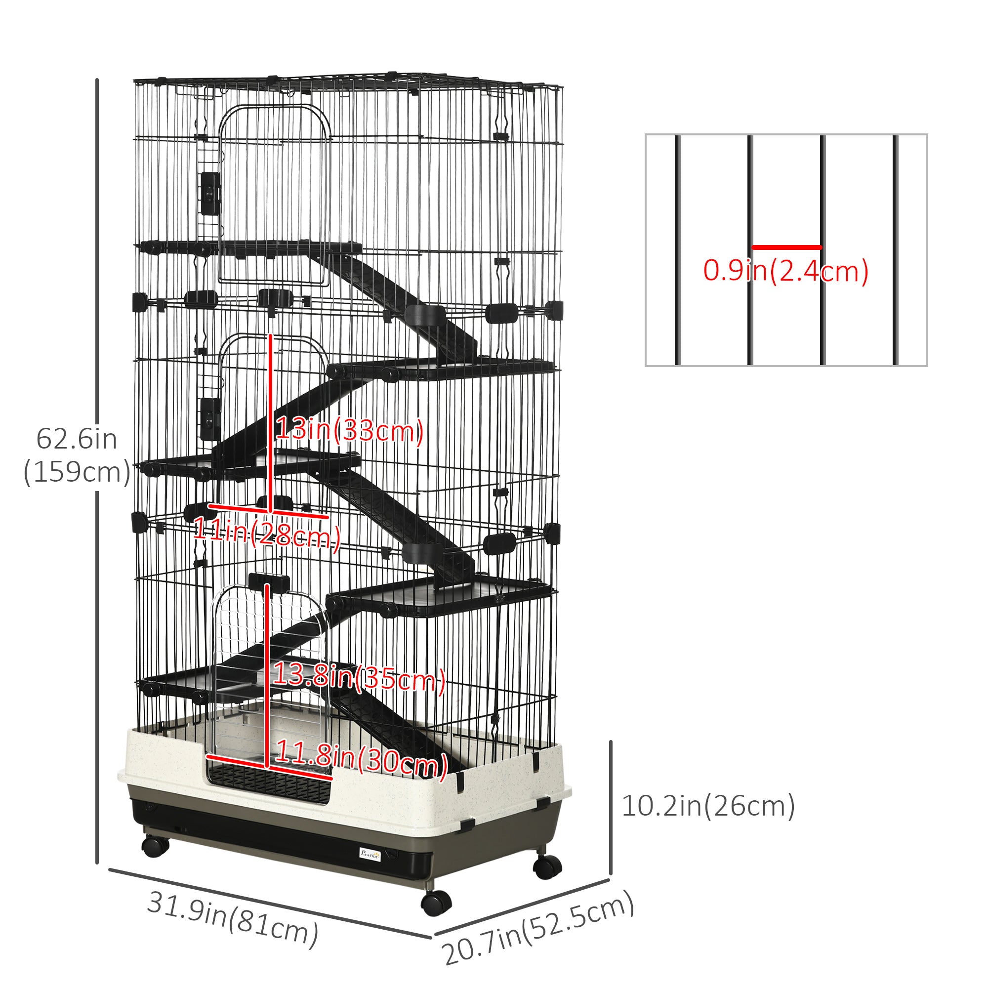 63"H 6-Level Small Animal Cage Rabbit Hutch with Universal Lockable Wheels, Slide-Out Tray for Bunny, Chinchillas, Ferret, Black