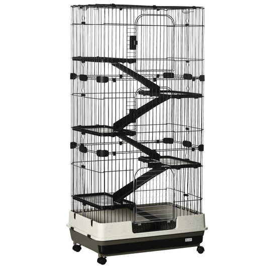 63"H 6-Level Small Animal Cage Rabbit Hutch with Universal Lockable Wheels, Slide-Out Tray for Bunny, Chinchillas, Ferret, Black