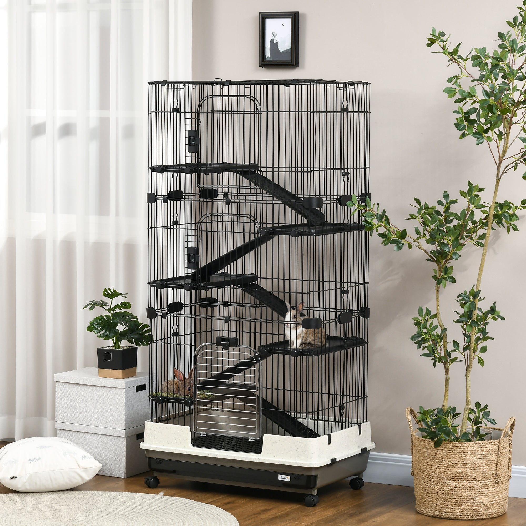 63"H 6-Level Small Animal Cage Rabbit Hutch with Universal Lockable Wheels, Slide-Out Tray for Bunny, Chinchillas, Ferret, Black