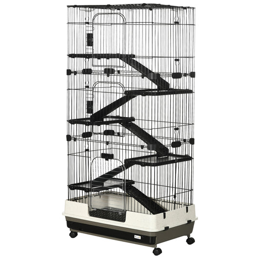 63"H 6-Level Small Animal Cage Rabbit Hutch with Universal Lockable Wheels, Slide-Out Tray for Bunny, Chinchillas, Ferret, Black