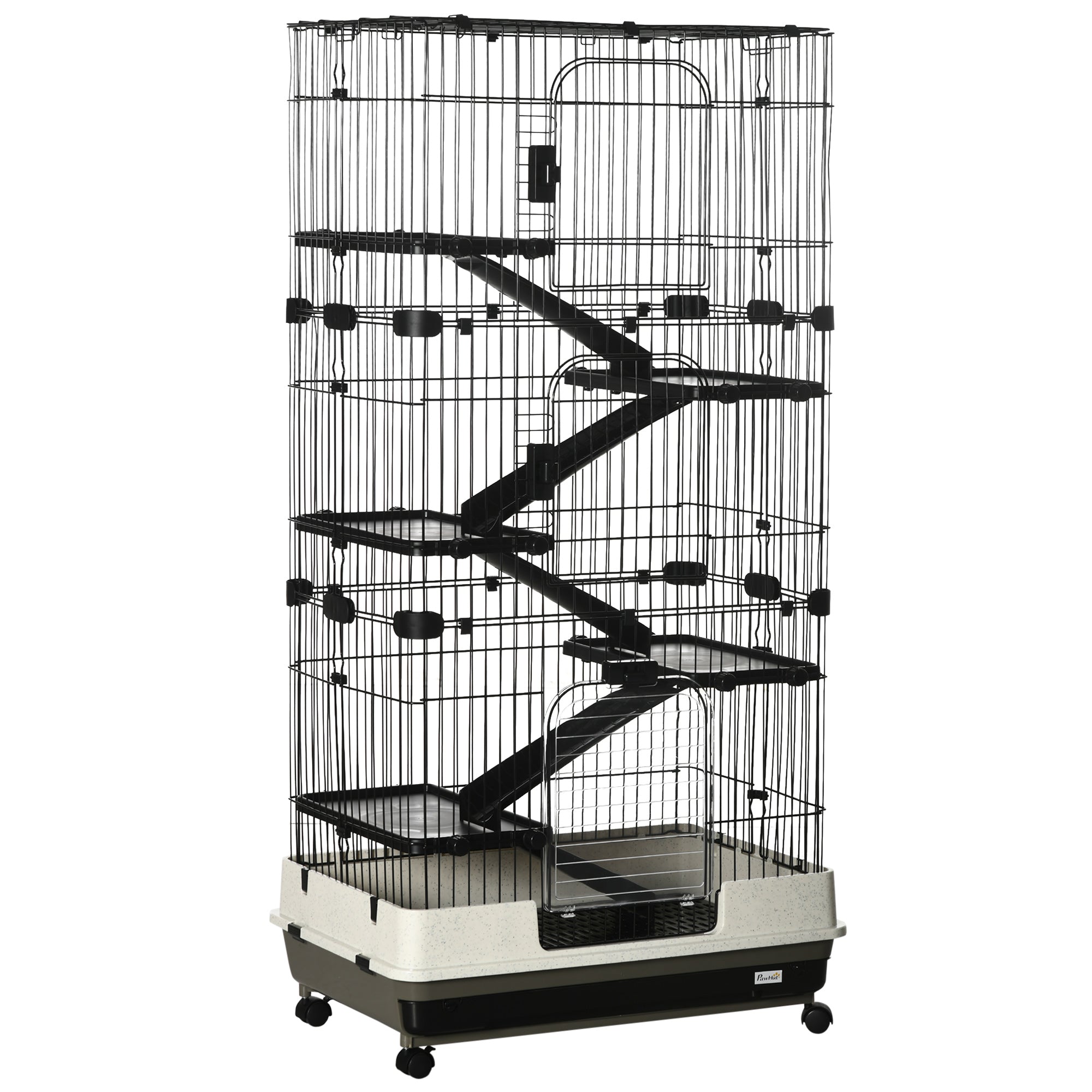63"H 6-Level Small Animal Cage Rabbit Hutch with Universal Lockable Wheels, Slide-Out Tray for Bunny, Chinchillas, Ferret, Black