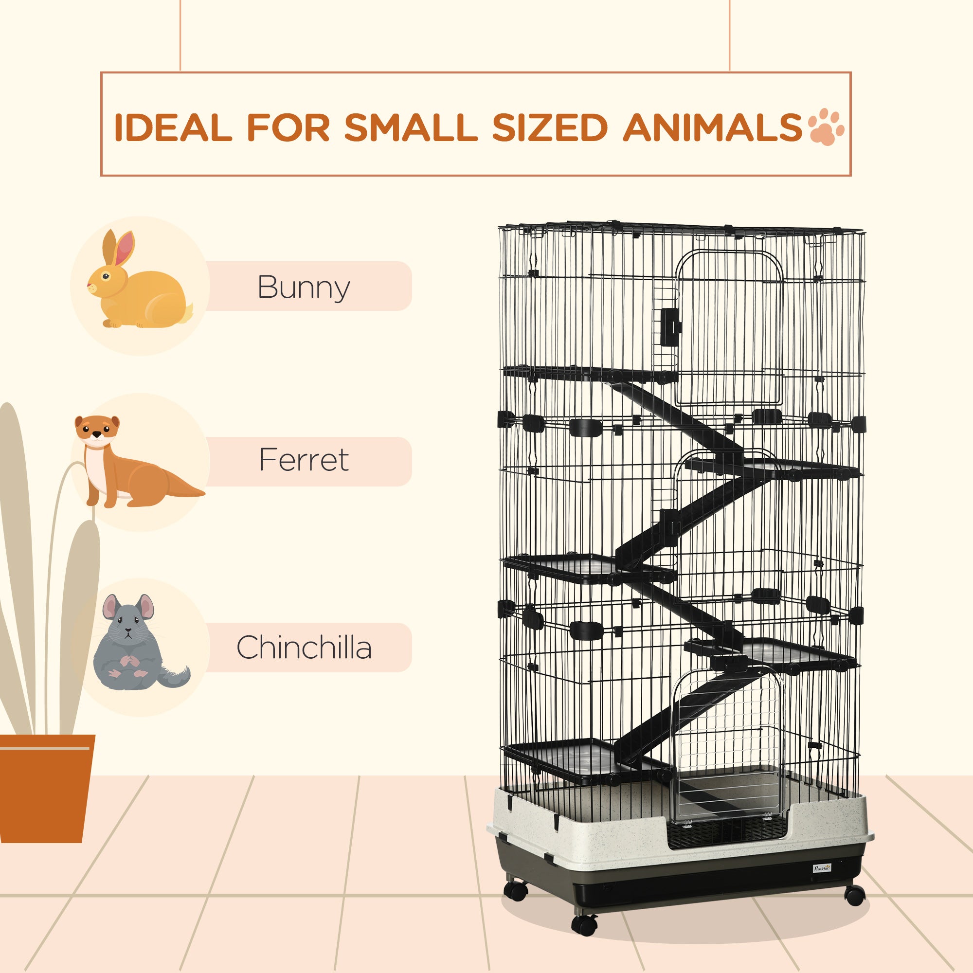 63"H 6-Level Small Animal Cage Rabbit Hutch with Universal Lockable Wheels, Slide-Out Tray for Bunny, Chinchillas, Ferret, Black
