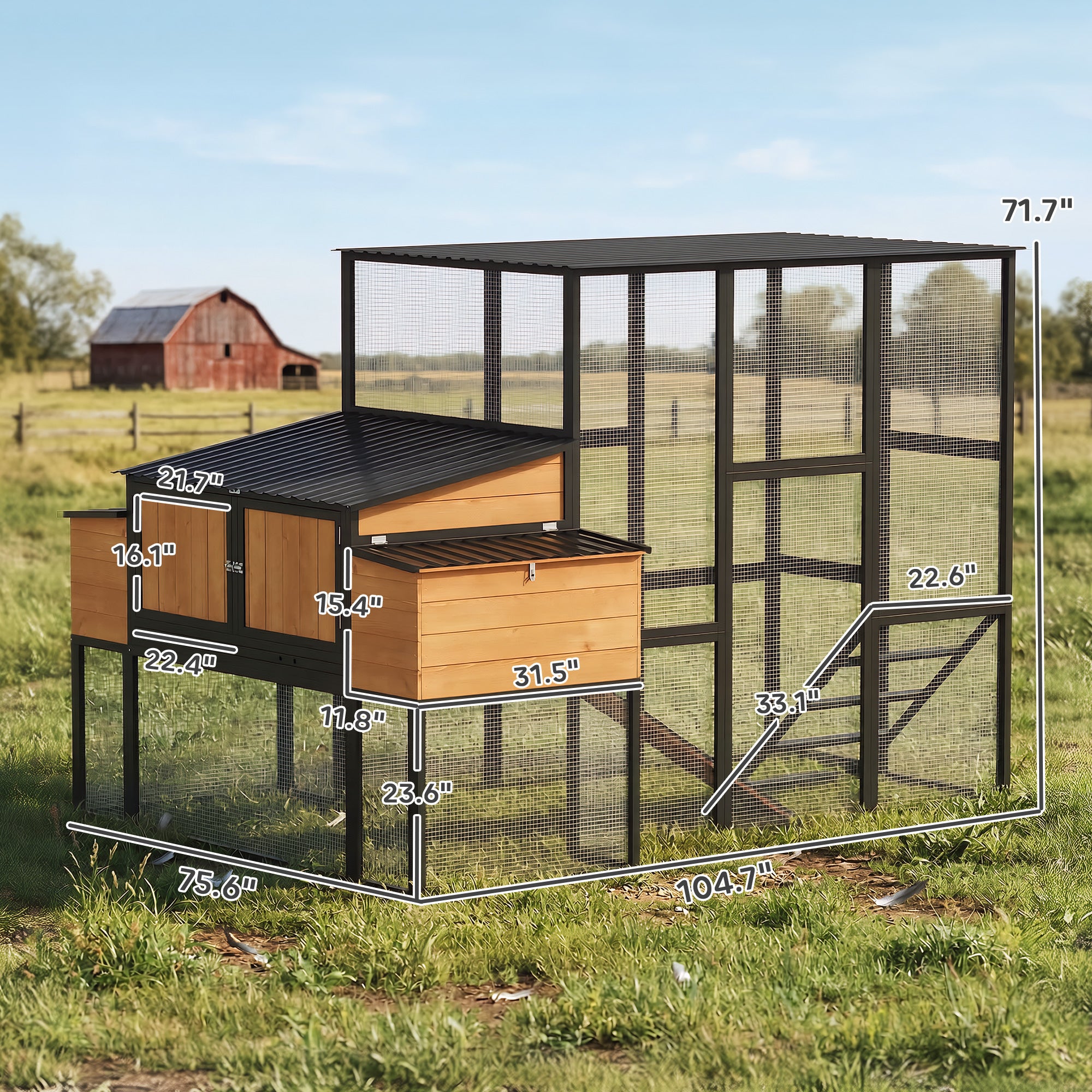 105" Large Chicken Coop, Walk-in Wooden Hen House for 7-12 Hens, Poultry Cage Chicken House with Run, 2 Nesting Boxes, Roosting Bars, Waterproof Roof and Ramp, Yellow