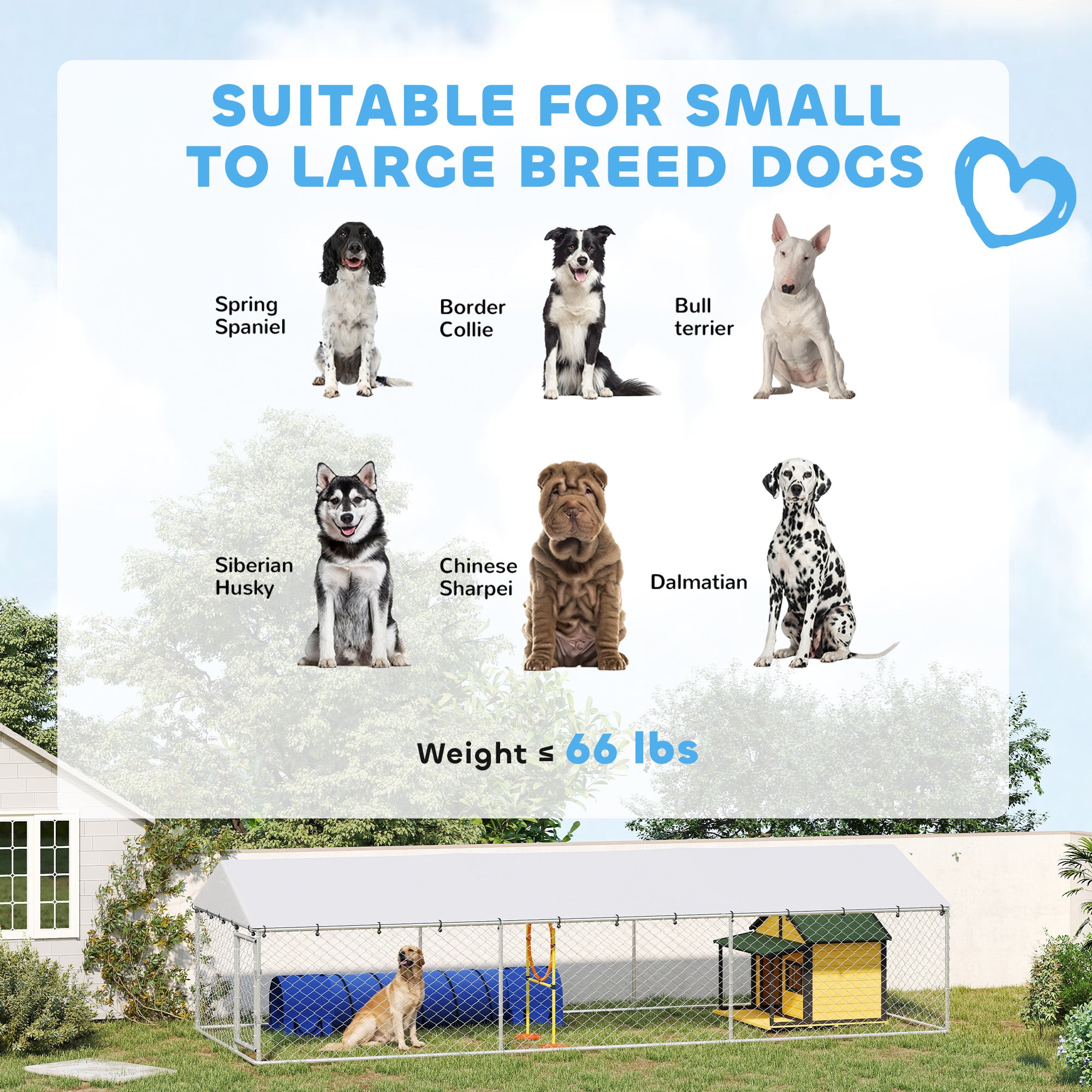 Outdoor Dog Kennel, Heavy Duty Dog Run Outdoor Fence with Waterproof Cover, Galvanized Chain Link, Double Secure Locks, for Large Breeds, Chickens, Ducks, 20' x 7.5' x 5'