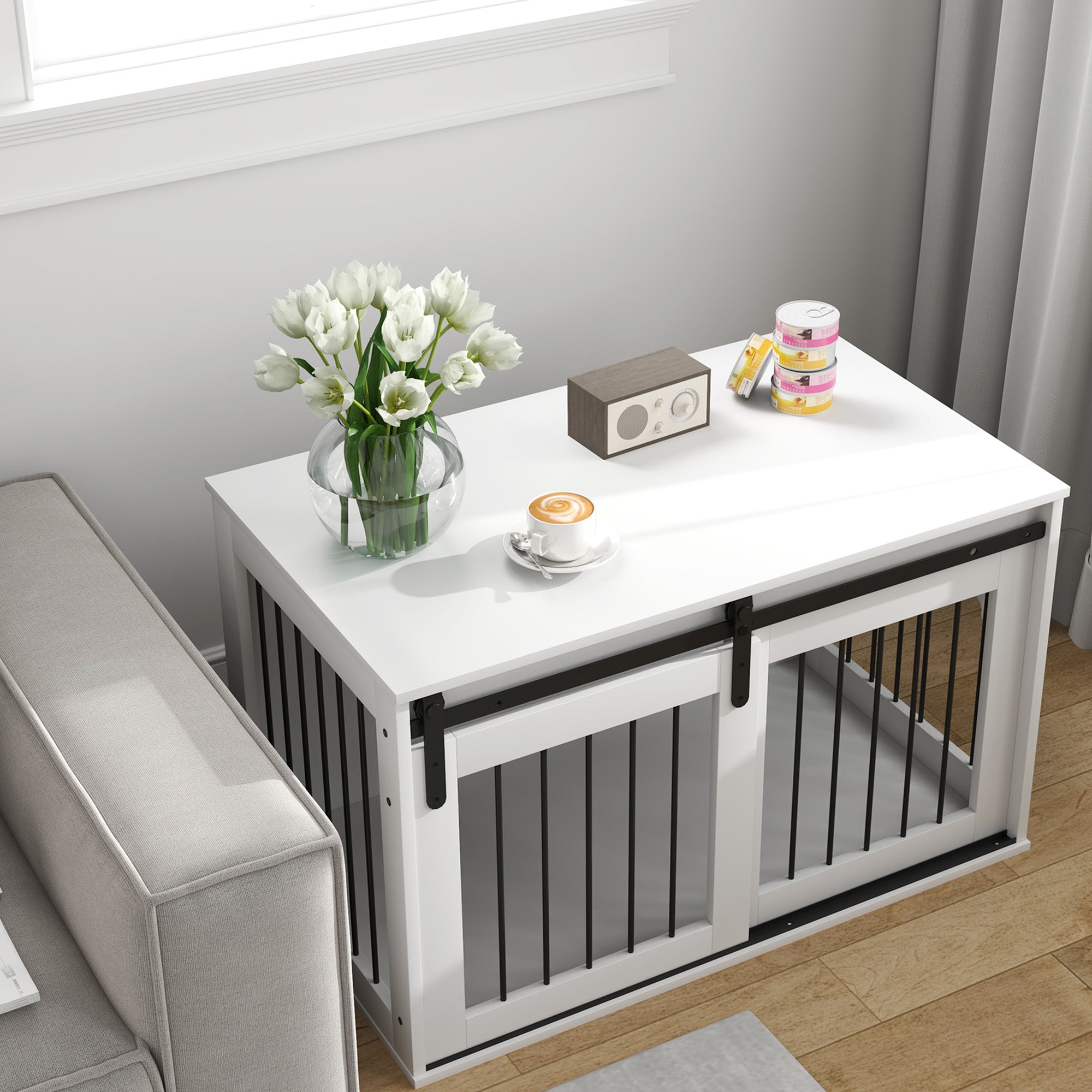 Dog Crate Furniture, 39" Dog Crate End Table Indoor Dog House for Large Dogs, with Sliding Door, Lock, White