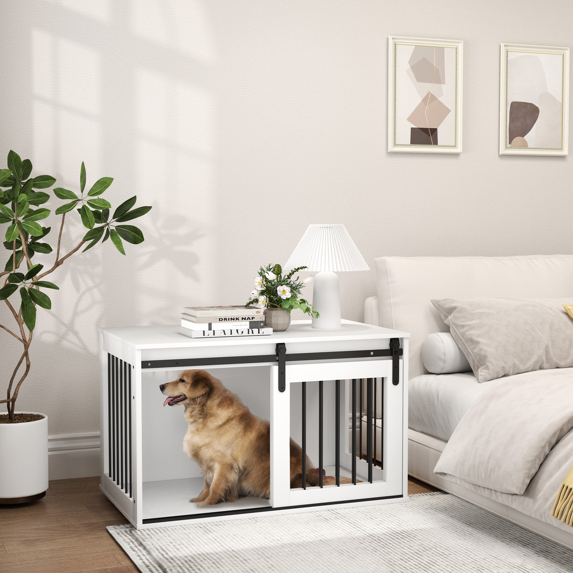 Dog Crate Furniture, 39" Dog Crate End Table Indoor Dog House for Large Dogs, with Sliding Door, Lock, White