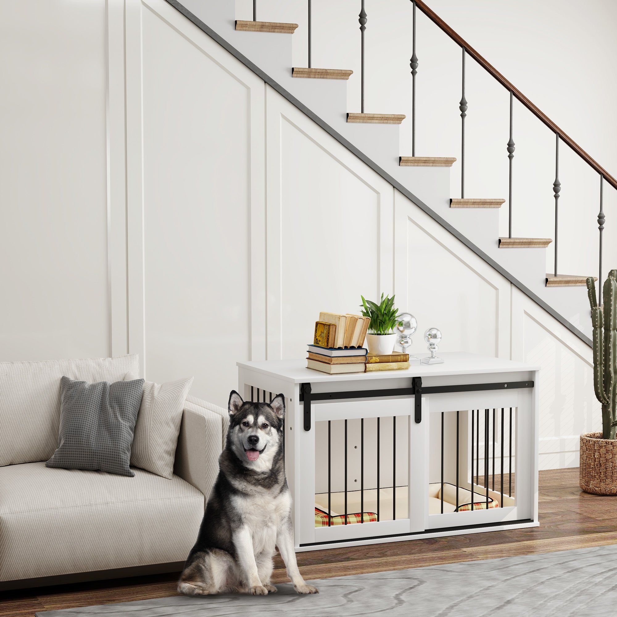 Dog Crate Furniture, 39" Dog Crate End Table Indoor Dog House for Large Dogs, with Sliding Door, Lock, White