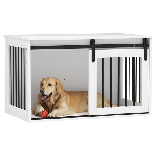 Dog Crate Furniture, 39" Dog Crate End Table Indoor Dog House for Large Dogs, with Sliding Door, Lock, White