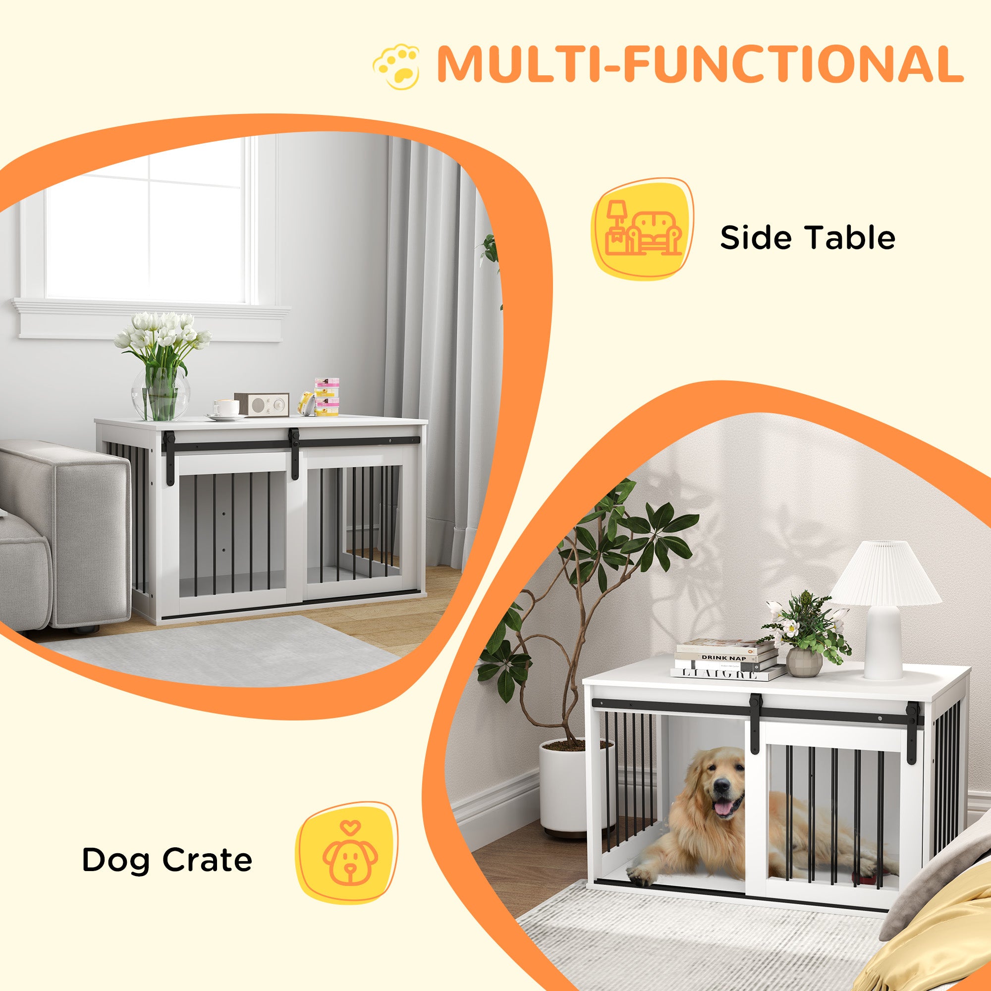 Dog Crate Furniture, 39" Dog Crate End Table Indoor Dog House for Large Dogs, with Sliding Door, Lock, White