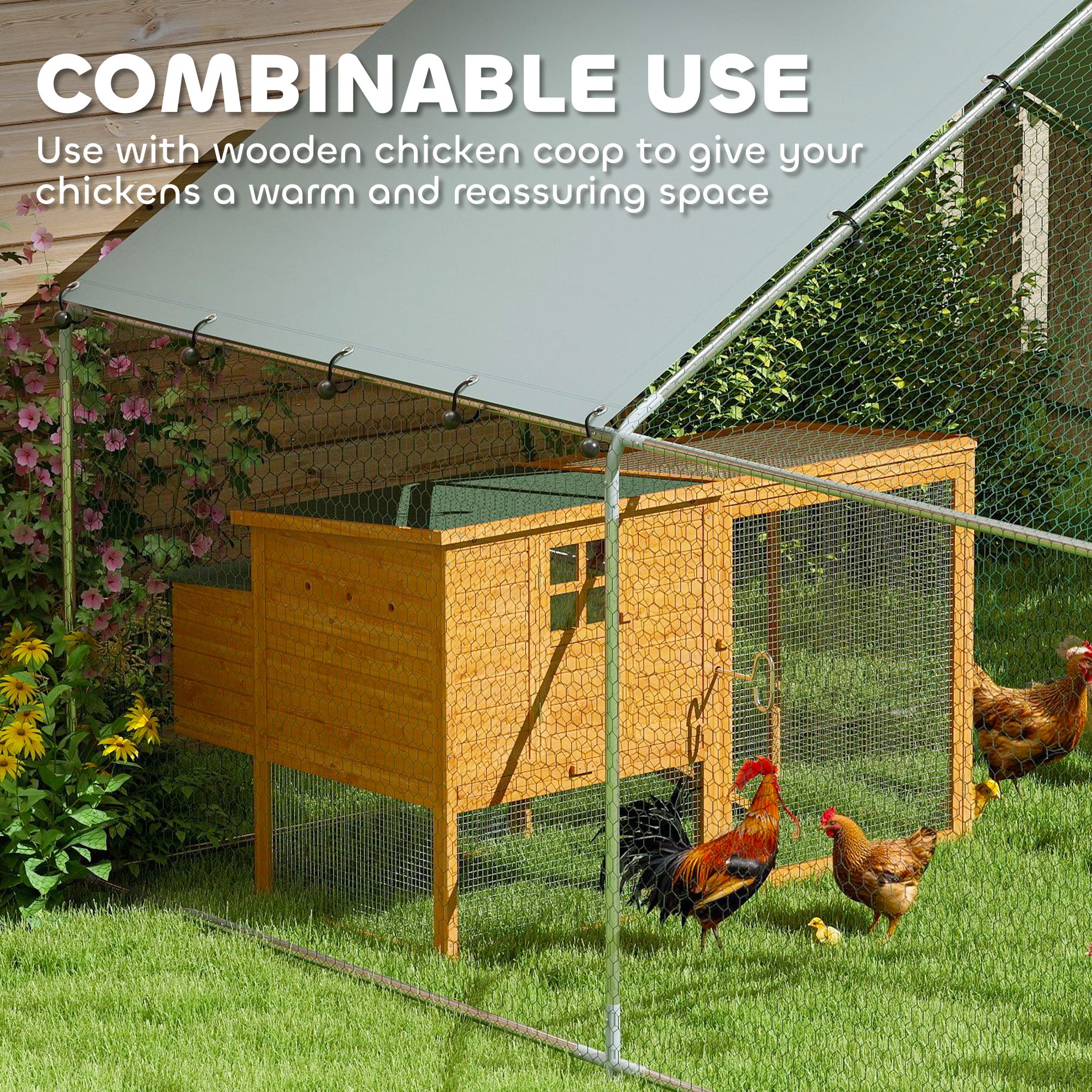 Metal Chicken Coop, 9.8 x 11.2 FT Walk-in Chicken Run with Weatherproof UV Cover, Lockable Door, Large Outdoor Poultry Cage for 10-15 Chickens, for Farm Yard Garden, Silver