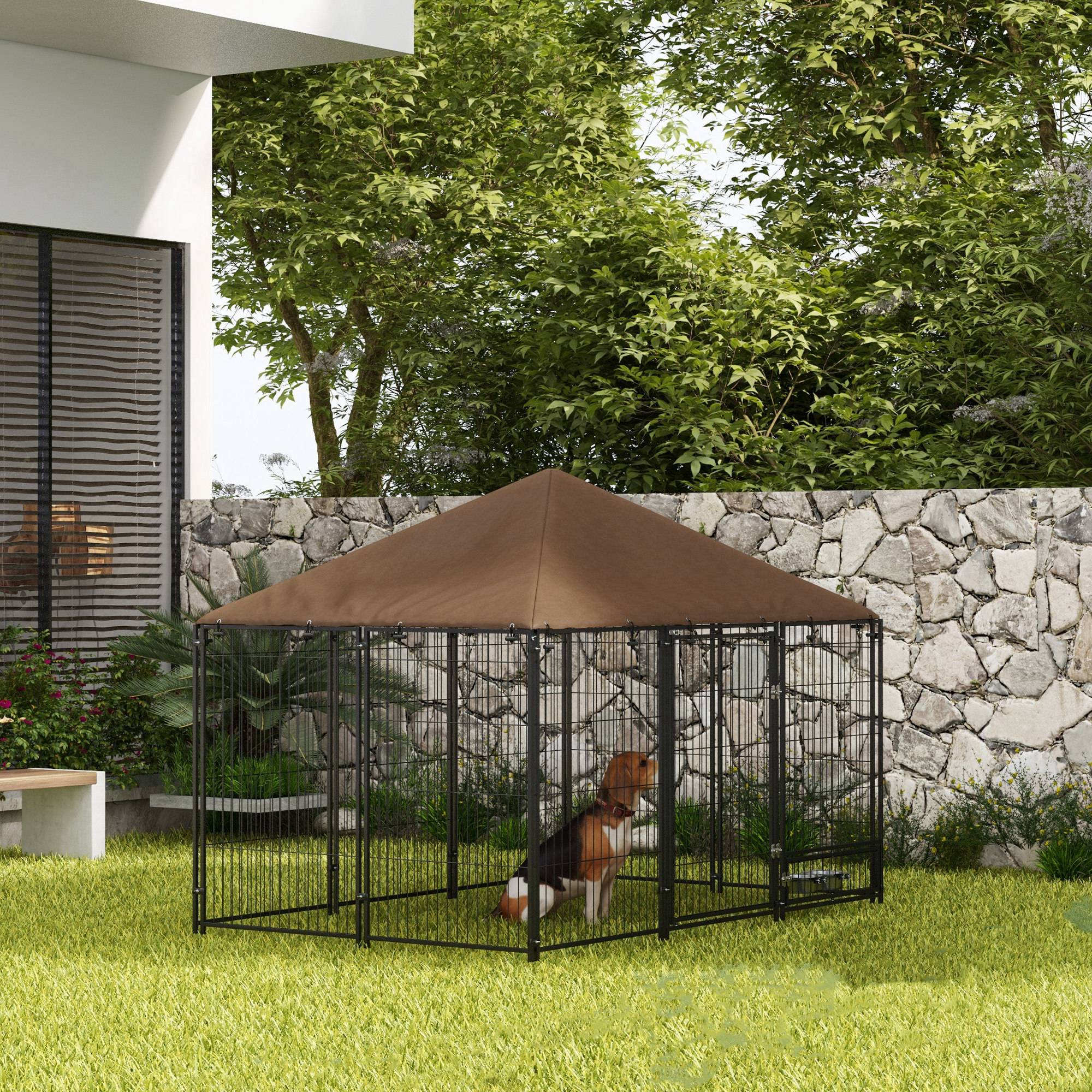 Outside Dog Kennel, 6.9' x 4.6' x 5' Puppy Play Pen with Canopy, Garden Playpen Fence Crate Enclosure Cage Rotating Bowl, for Dogs, Chickens, Ducks, Black