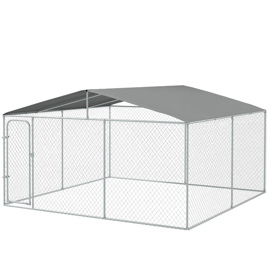 Dog Kennel Outdoor Run Fence with Roof, Steel Lock, Mesh Sidewalls for Backyard & Patio, 13.1' x 13.1' x 7.5'