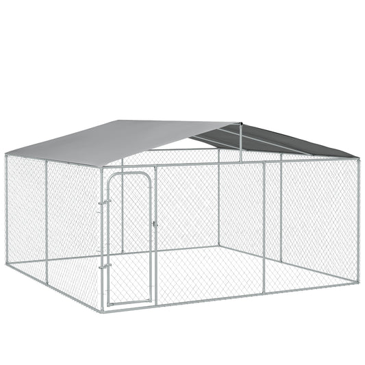 Dog Kennel Outdoor Run Fence with Roof, Steel Lock, Mesh Sidewalls for Backyard & Patio, 13.1' x 13.1' x 7.5'