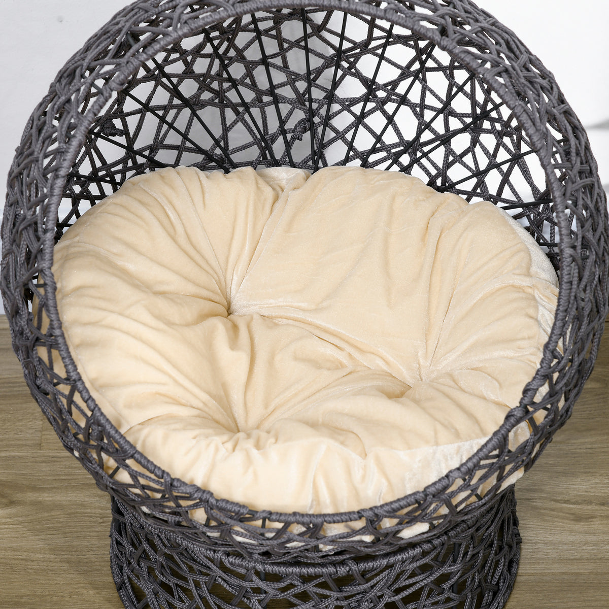 Cat Bed, Elevated Rope Weave Cat Egg Chair with Cushion, Handwoven Kitty House with Stand for Indoor Kittens, Violet