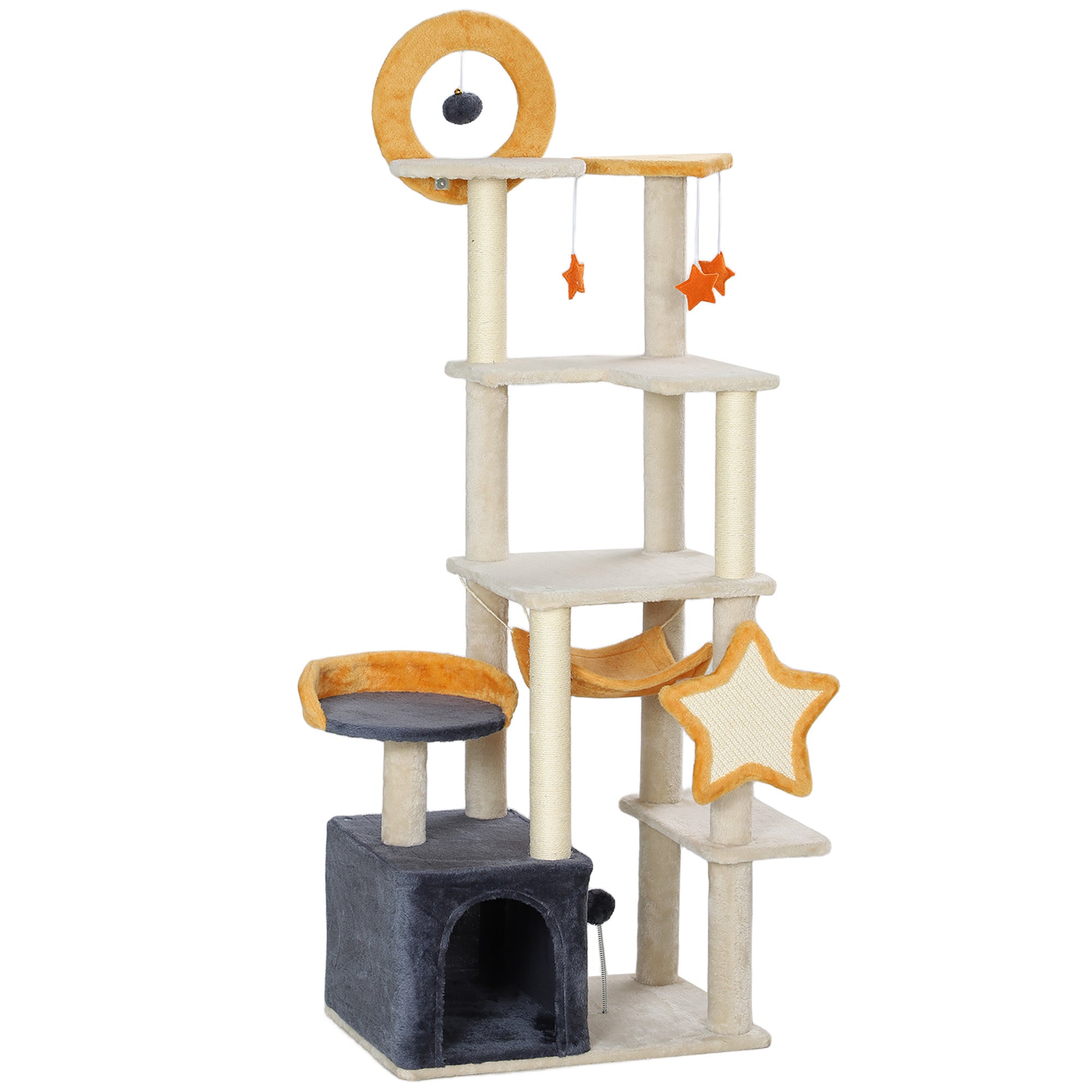 Cat Tower, 63 Inch Cat Tree for Large Cats Adult with Cat Scratching Posts, Cat Condo, Bed, Scratching Board, Cat Toys, Star and Moon Themed Cat Tree for Indoor Cats, Beige