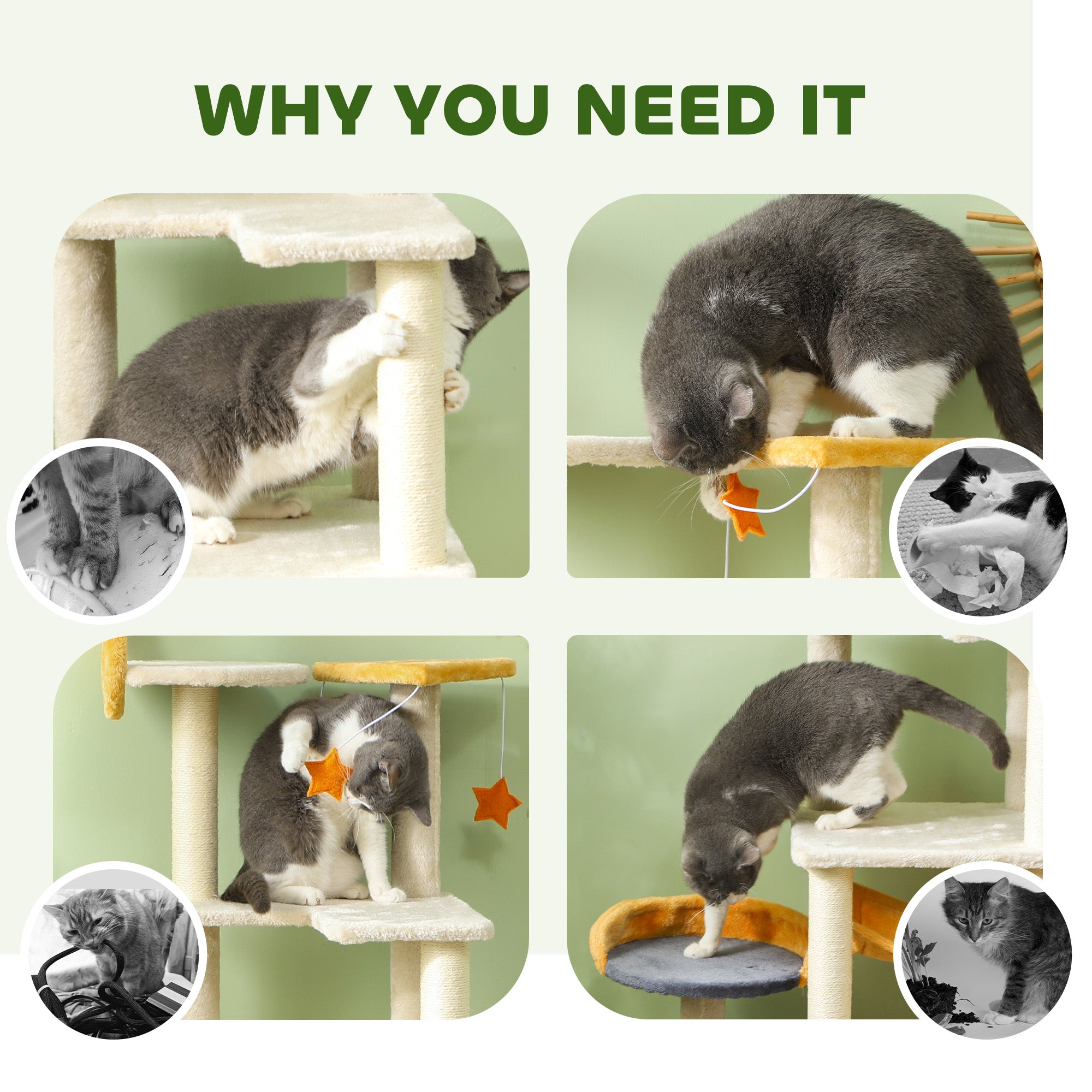 Cat Tower, 63 Inch Cat Tree for Large Cats Adult with Cat Scratching Posts, Cat Condo, Bed, Scratching Board, Cat Toys, Star and Moon Themed Cat Tree for Indoor Cats, Beige