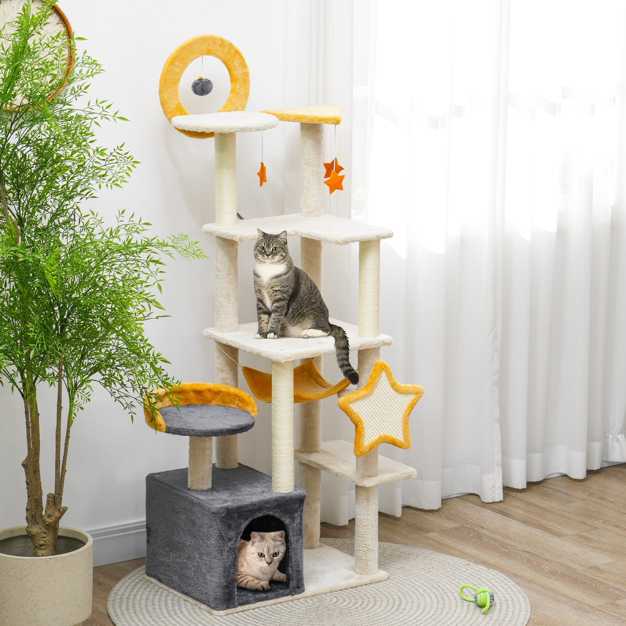 Cat Tower, 63 Inch Cat Tree for Large Cats Adult with Cat Scratching Posts, Cat Condo, Bed, Scratching Board, Cat Toys, Star and Moon Themed Cat Tree for Indoor Cats, Beige
