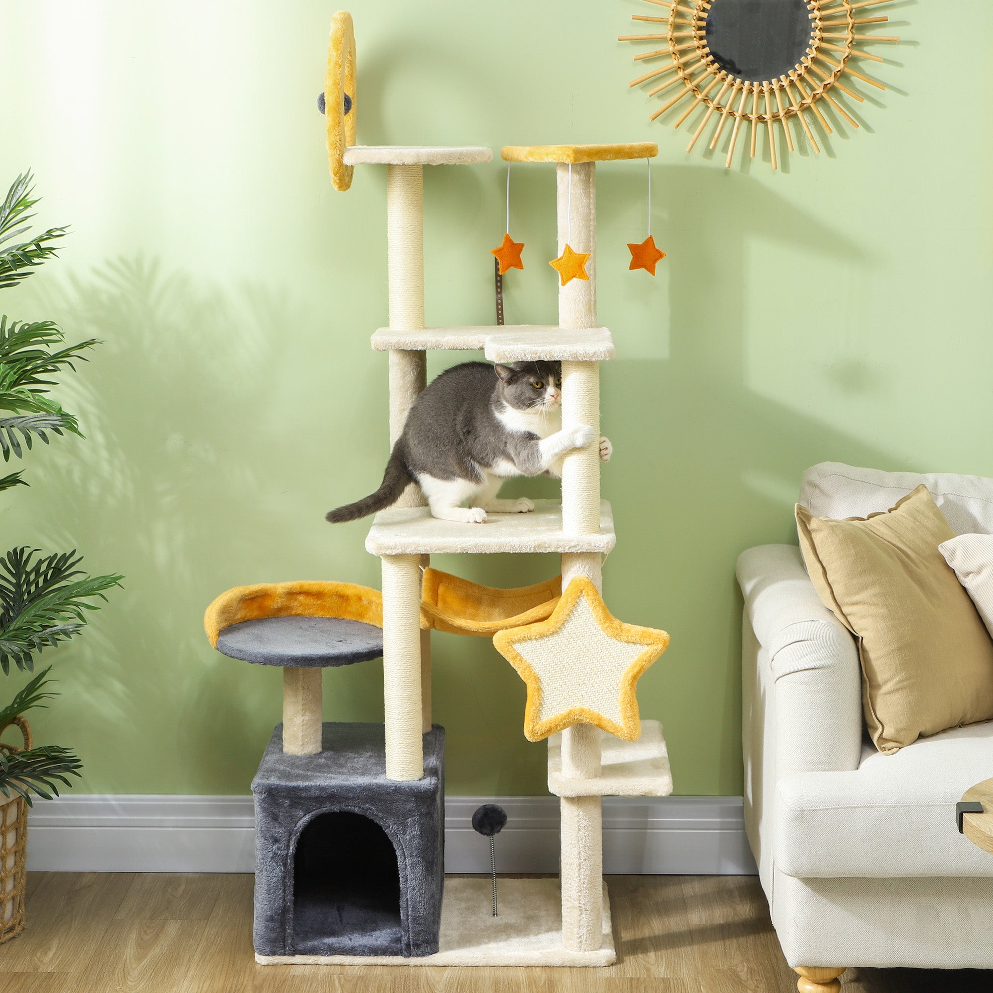 Cat Tower, 63 Inch Cat Tree for Large Cats Adult with Cat Scratching Posts, Cat Condo, Bed, Scratching Board, Cat Toys, Star and Moon Themed Cat Tree for Indoor Cats, Beige
