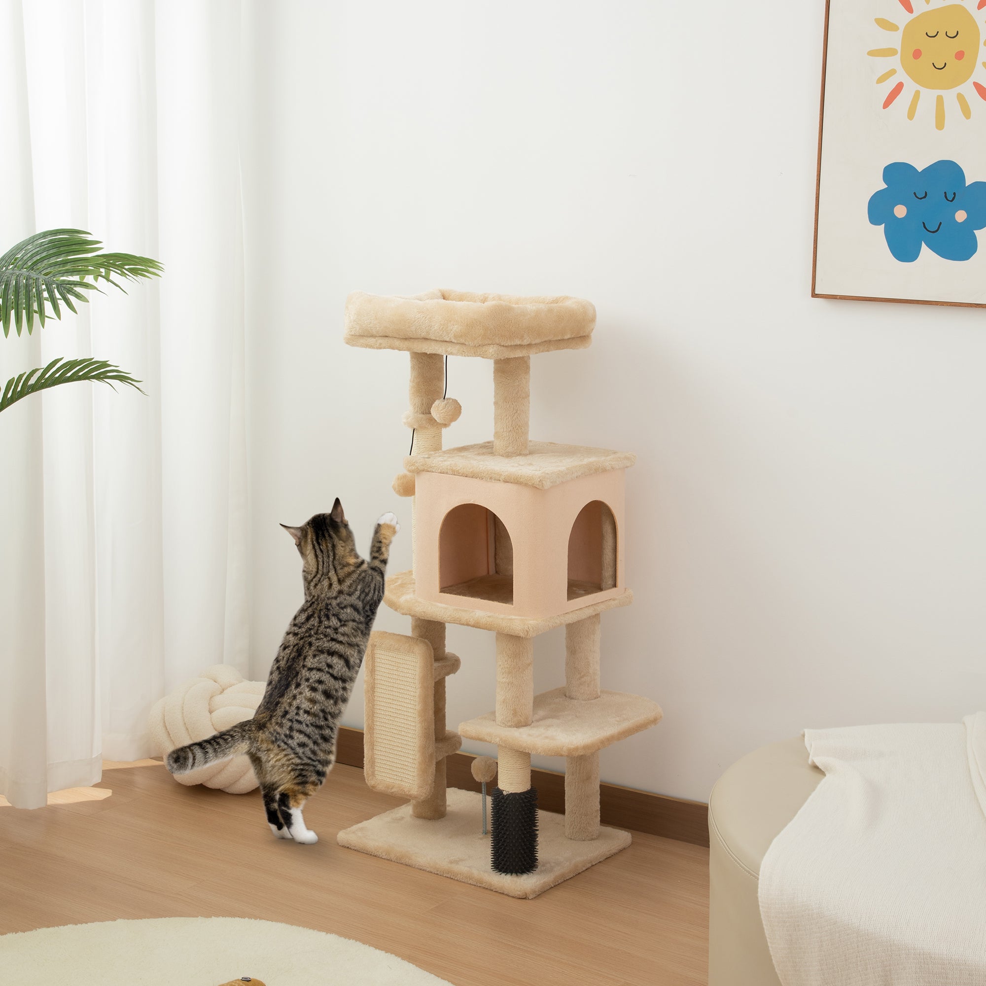 Cat Tree for Large Cat Adults, 41 Inch Cat Tower for Indoor Cats w/ Scratching Posts, Cat Bed, Condo, Grooming Brush, Jumping Platforms, Toy Balls, Anti-tip Kit, Beige