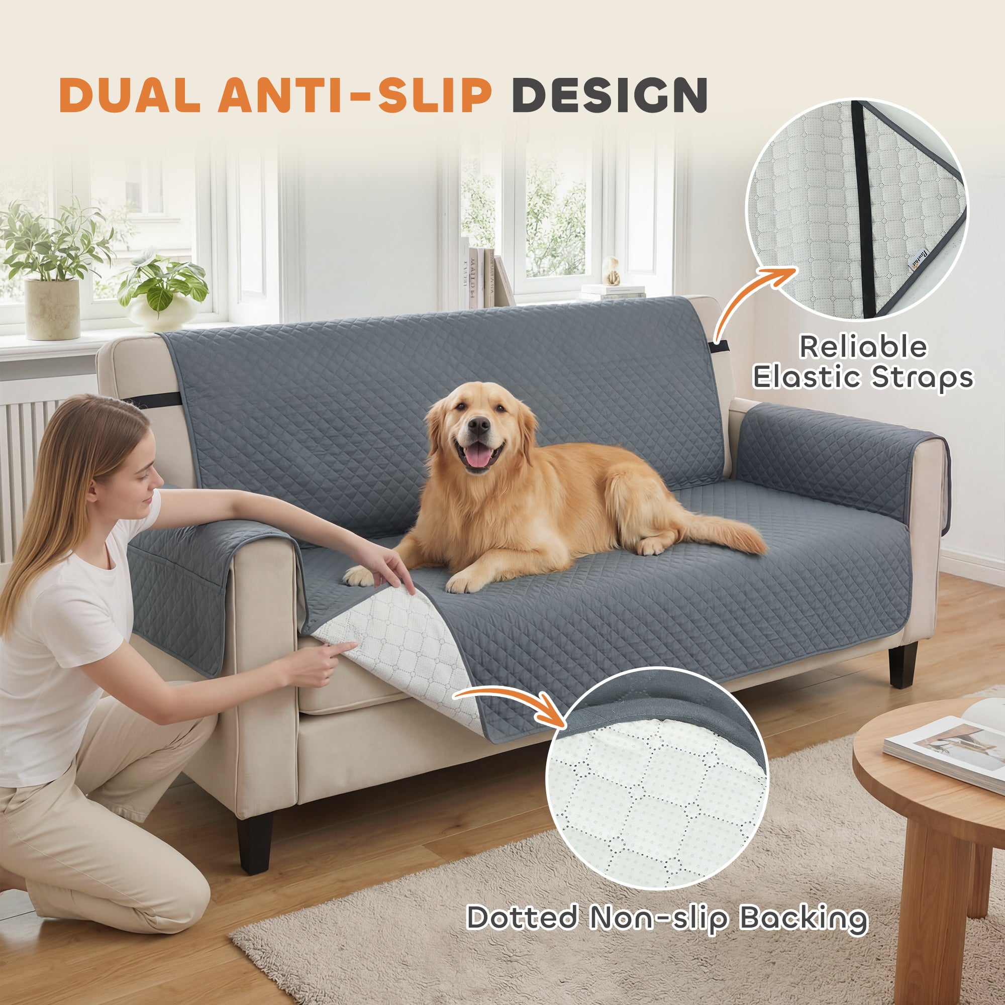 Waterproof Sofa Cover 3 Seater, Soft Couch Cover for Dogs Cats Pets, Non Slip Sofa Slipcoevr with Elastic Straps Furniture Protector for Living Room, Grey