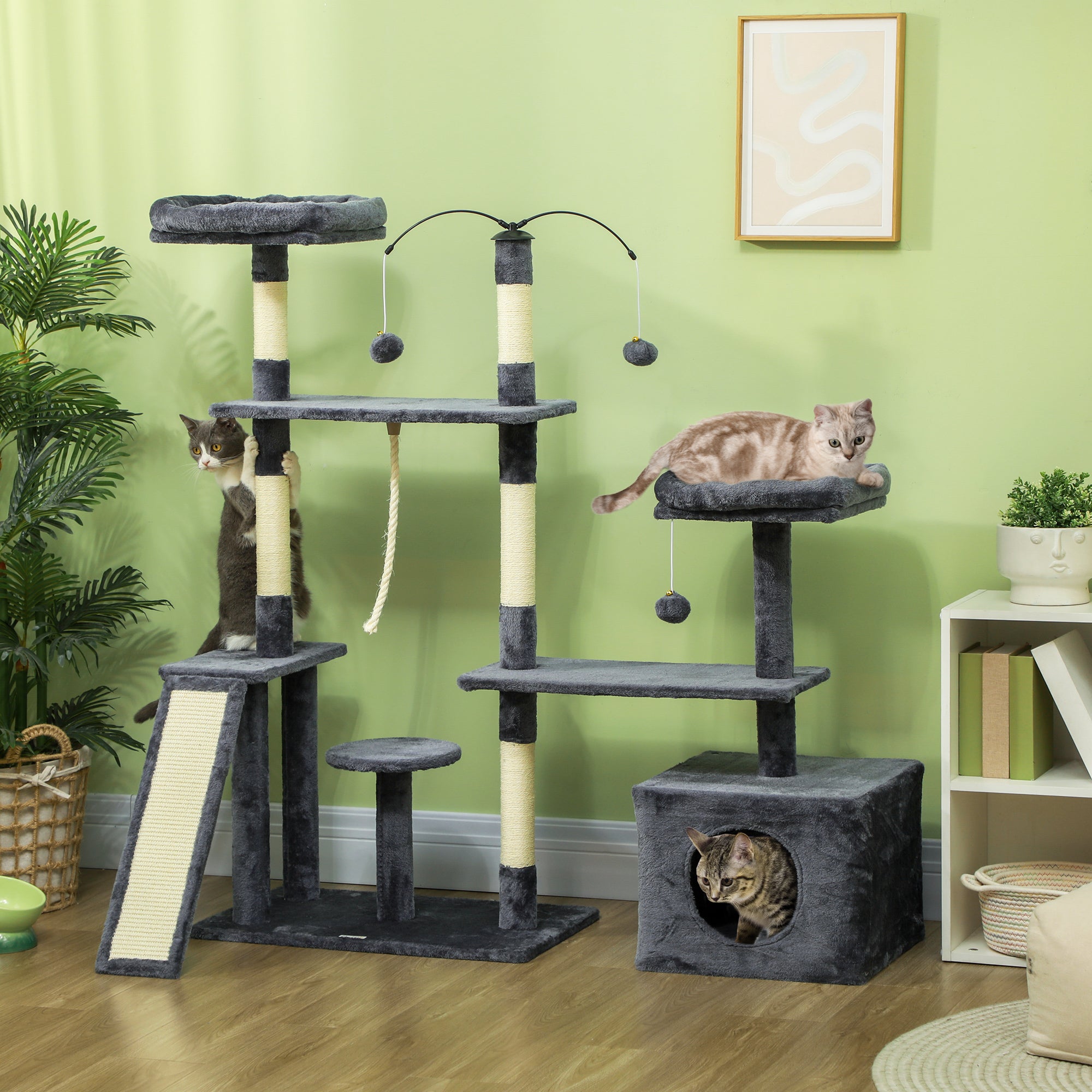53" Cat Tree, Multi-Level Cat Tower for Indoor Cats with Sisal Scratching Posts, Cat Condo, Beds, Platforms, Ramp, Toy Balls, Cat Activity Center, Dark Grey