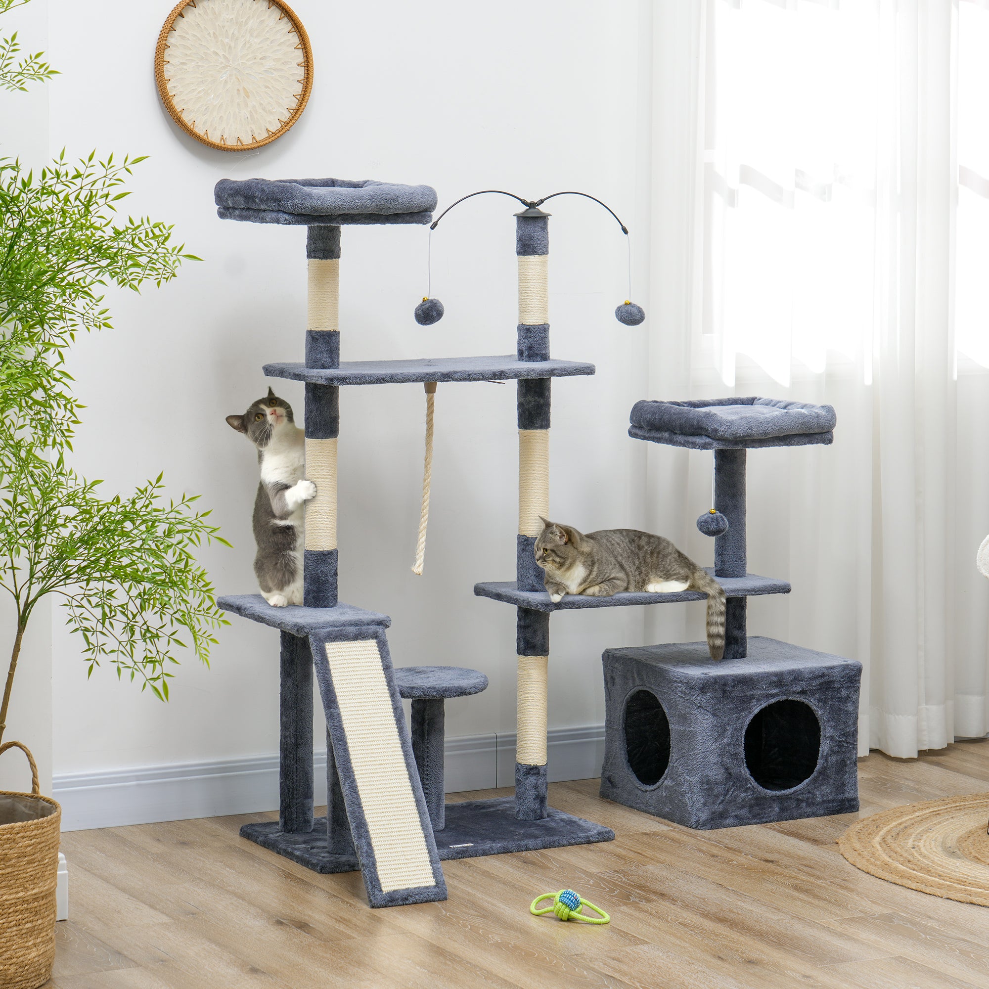 53" Cat Tree, Multi-Level Cat Tower for Indoor Cats with Sisal Scratching Posts, Cat Condo, Beds, Platforms, Ramp, Toy Balls, Cat Activity Center, Dark Grey