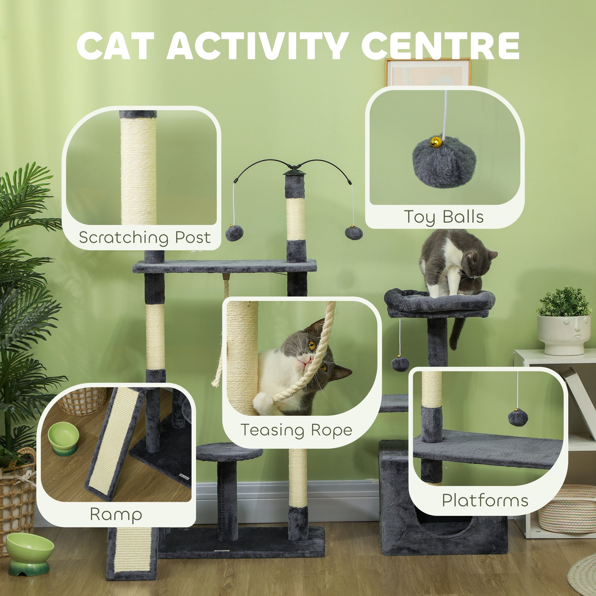 53" Cat Tree, Multi-Level Cat Tower for Indoor Cats with Sisal Scratching Posts, Cat Condo, Beds, Platforms, Ramp, Toy Balls, Cat Activity Center, Dark Grey