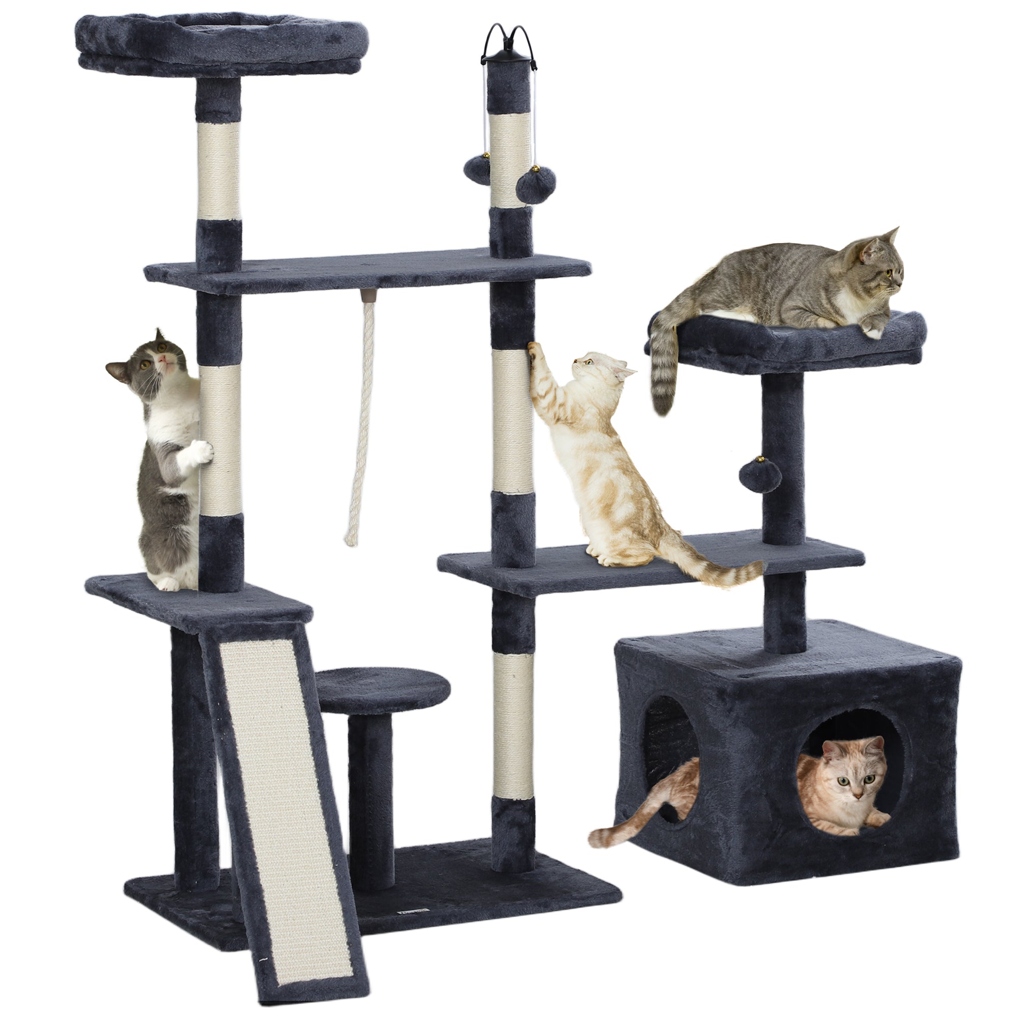 53" Cat Tree, Multi-Level Cat Tower for Indoor Cats with Sisal Scratching Posts, Cat Condo, Beds, Platforms, Ramp, Toy Balls, Cat Activity Center, Dark Grey